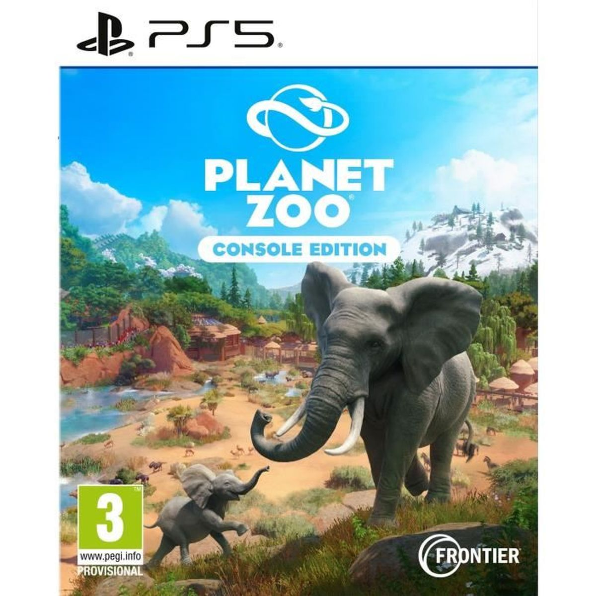Copertina del gioco Planet Zoo PS5 con elefanti e un cucciolo in un ambiente da zoo.