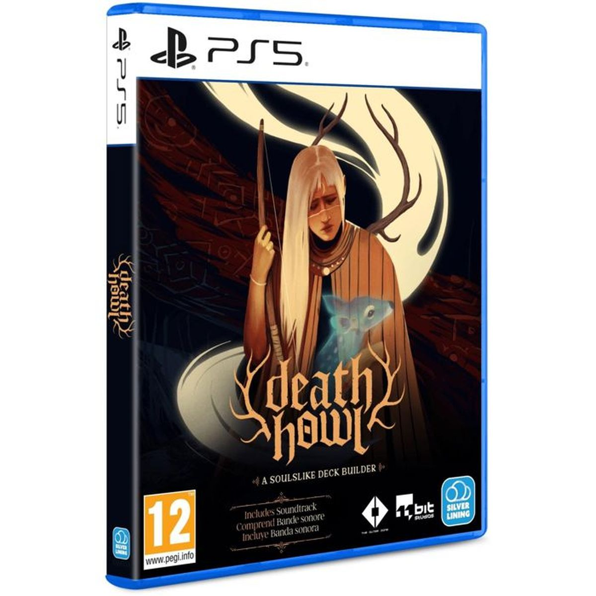 Custodia gioco PS5 con un personaggio che tiene un arco e una piccola creatura.