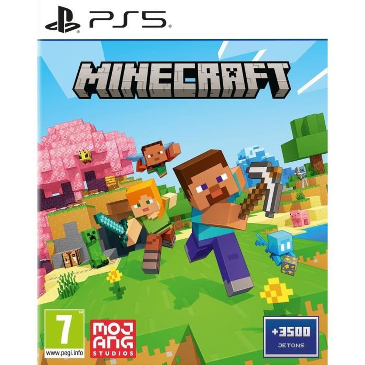 Okładka Minecraft PS5 ze Steve'em i Alexem dzierżącymi narzędzia.