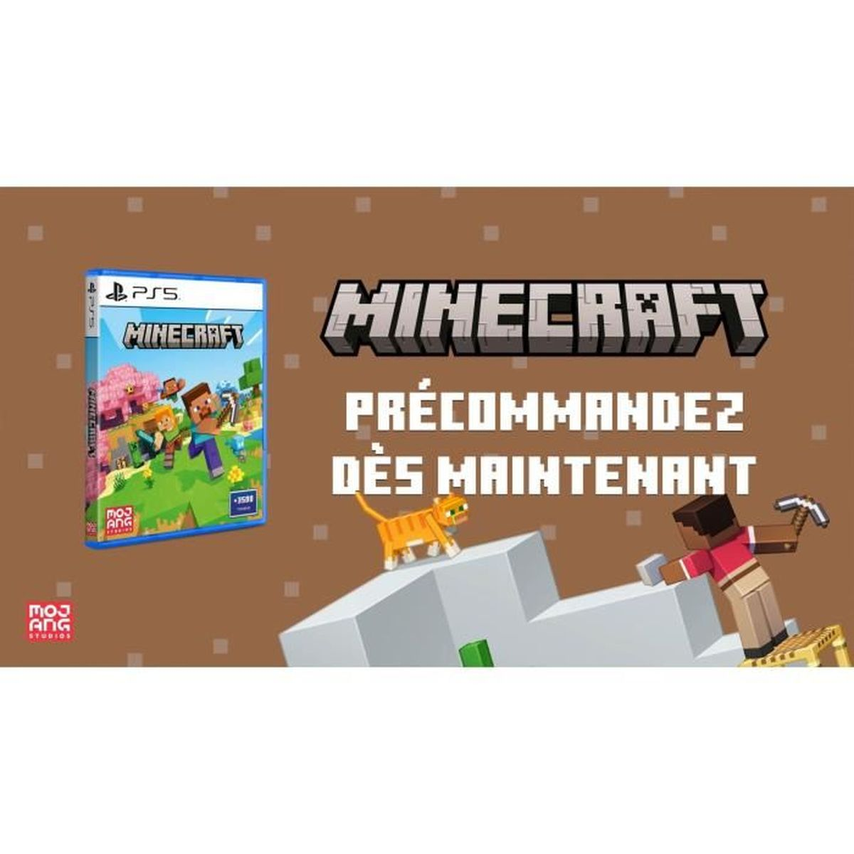 Pudełko gry Minecraft PS5, z postaciami i napisem 'Zamów w przedsprzedaży'.