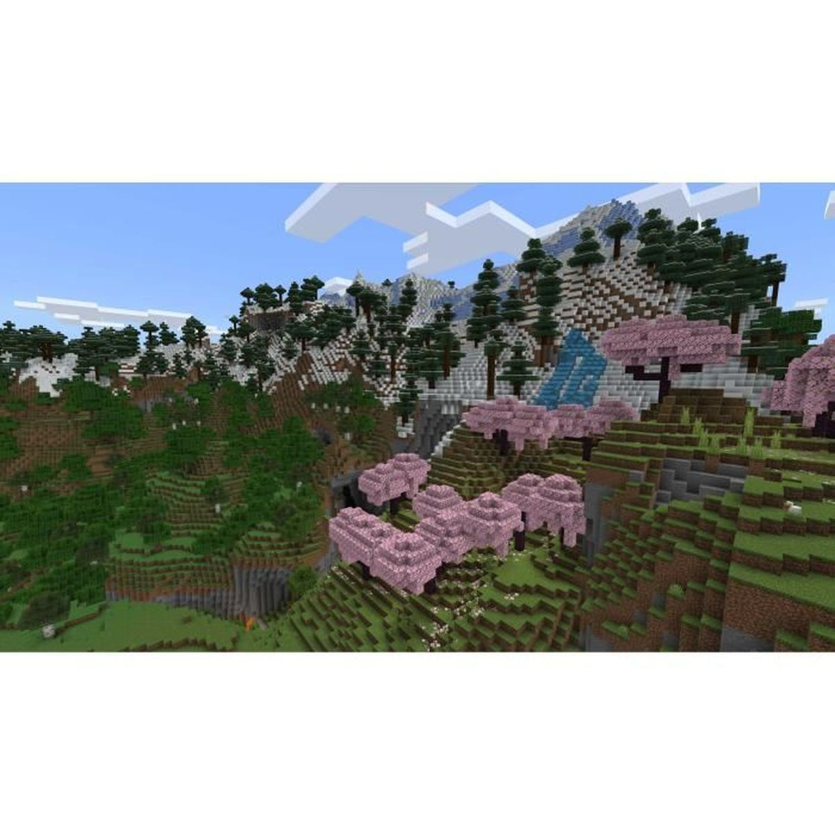 Krajobraz Minecraft z zielonymi wzgórzami, ośnieżonymi górami i różowymi drzewami kwitnącej wiśni.