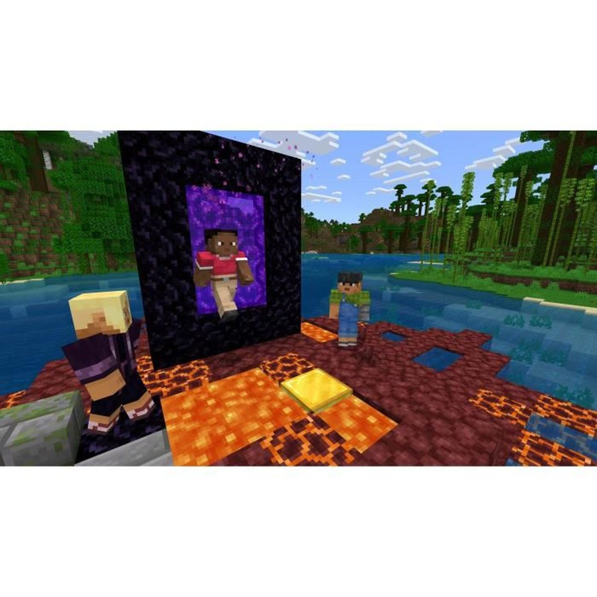 Postacie z Minecraft stoją przy portalu z lawą i wodą.