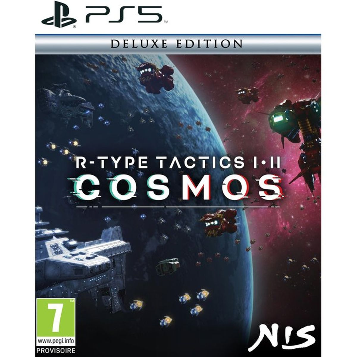 Copertina gioco PS5: Navi spaziali nello spazio vicino a un pianeta, R-Type Tactics I-II Cosmos.