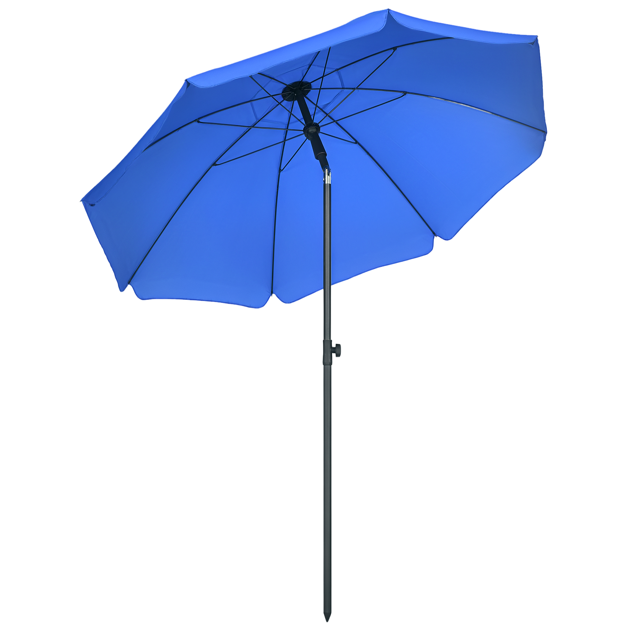 Un ombrellone blu con palo e struttura neri, isolato su bianco.