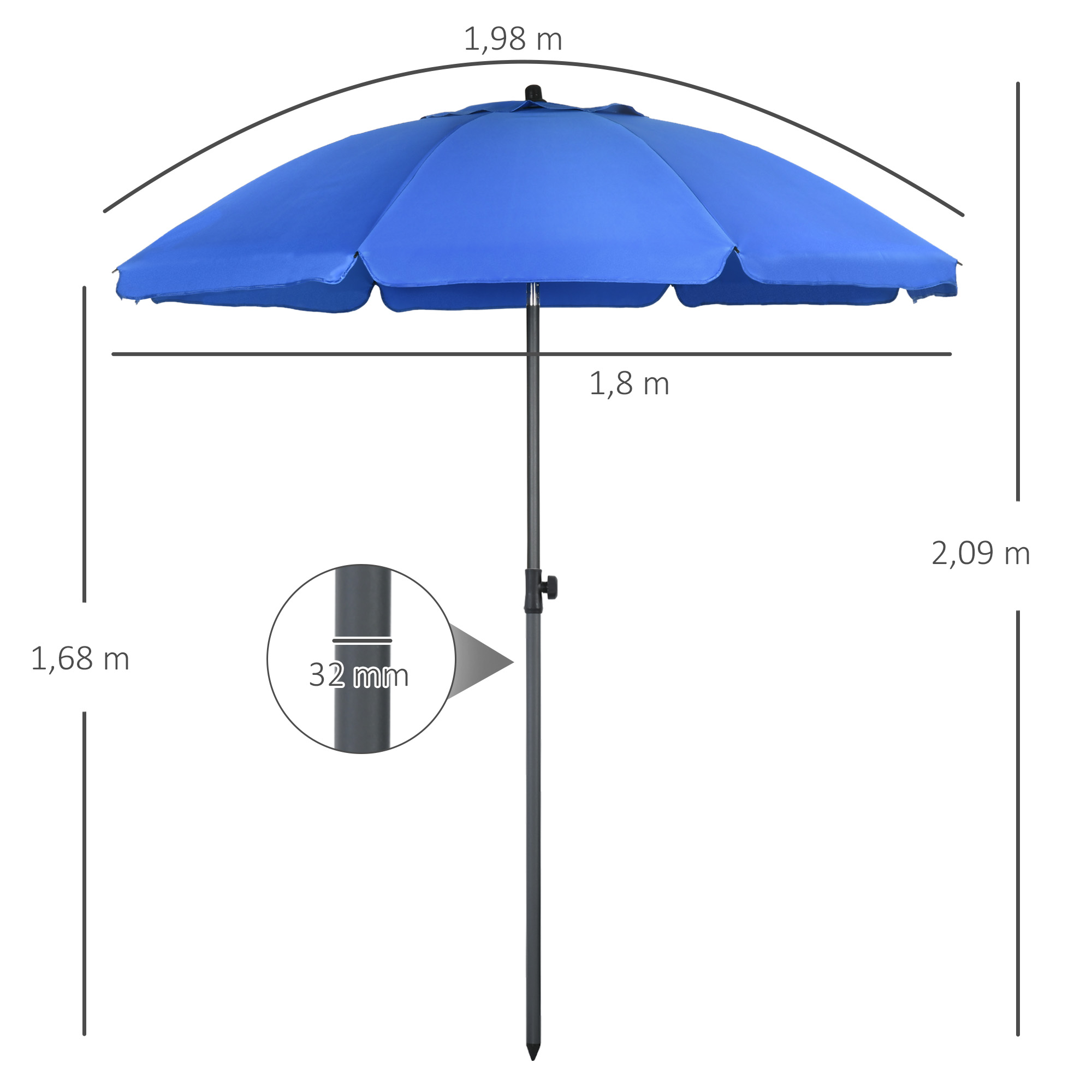 Sombrilla azul con dimensiones y detalle del poste.