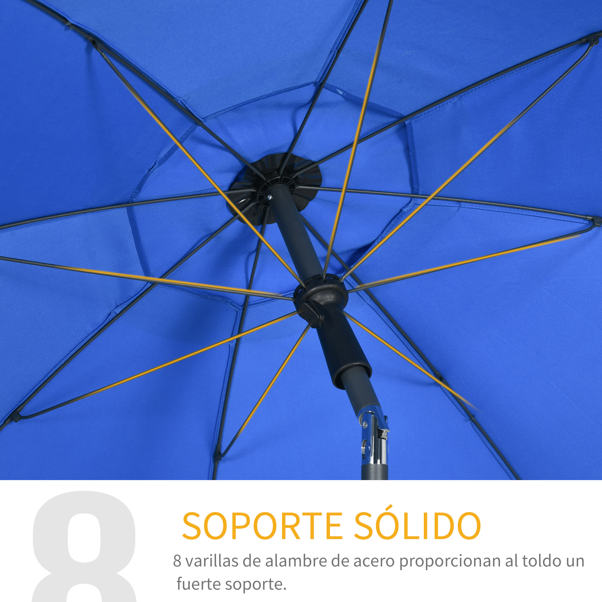 Toldo azul con varillas metálicas y poste central.