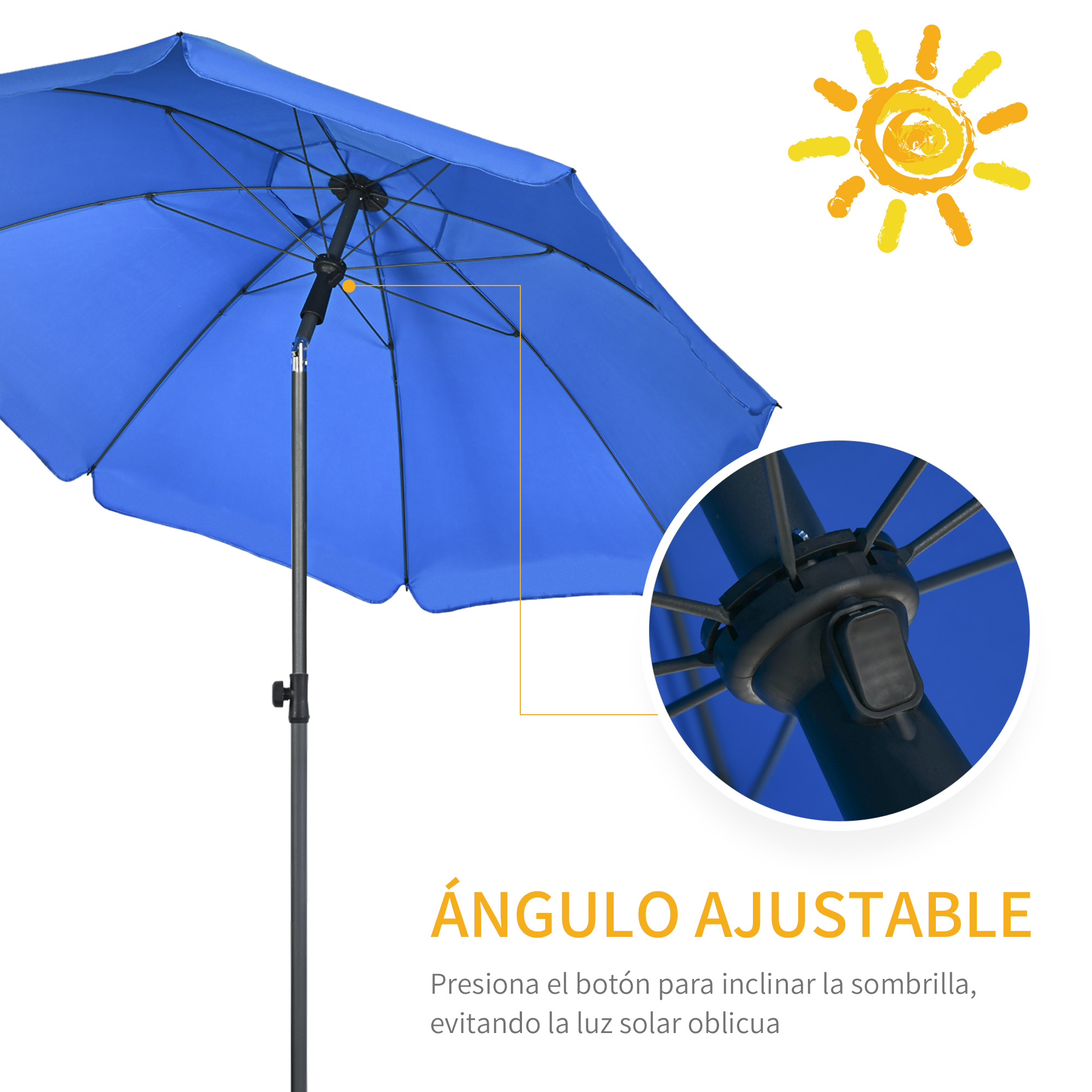 Palo de sombrilla azul con mecanismo de inclinación ajustable y sol.