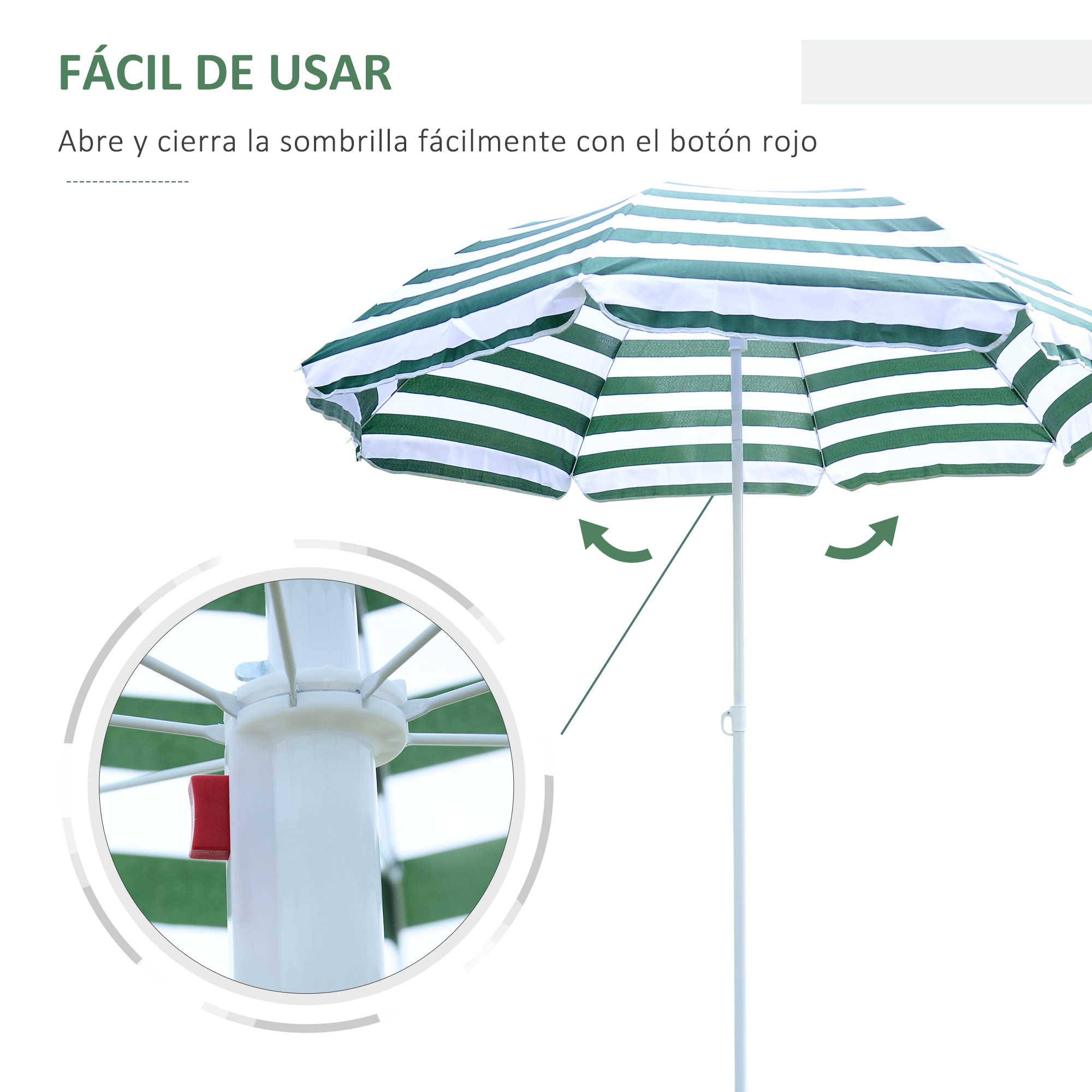Sombrilla a rayas verdes con botón rojo para abrir/cerrar.