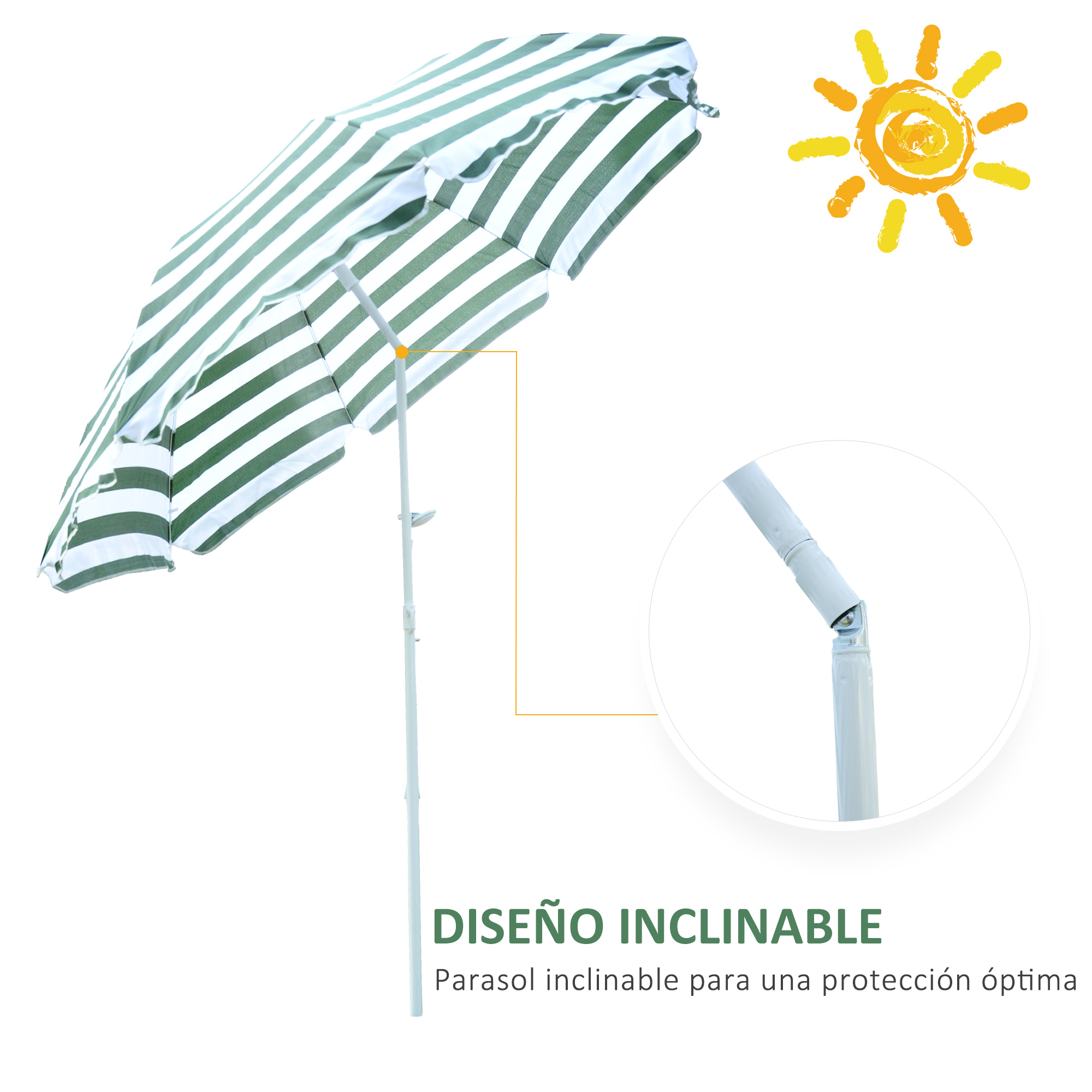 Un parasol a rayas con inclinación ajustable y un sol. Enfoque en inclinación.