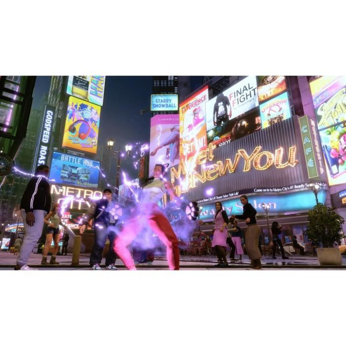 Persone in una città al neon con cartelloni luminosi ed effetti speciali.