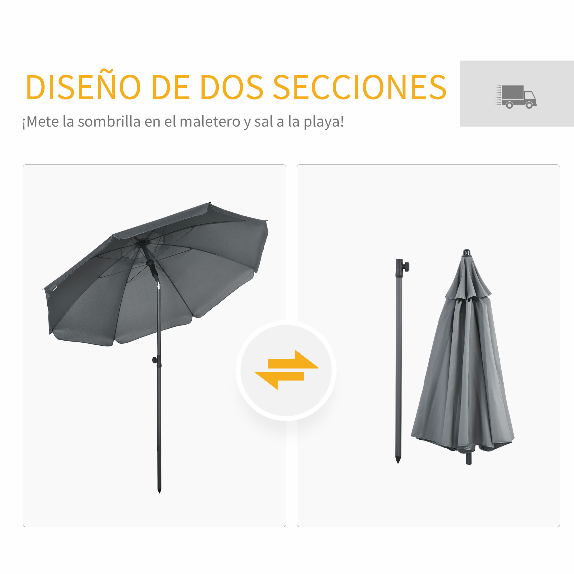 Un paraguas gris, abierto y cerrado, con su poste.