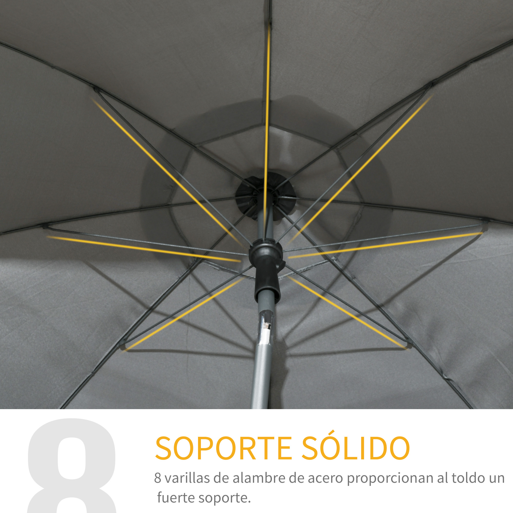 Interior de sombrilla gris con ocho varillas metálicas y acentos amarillos.