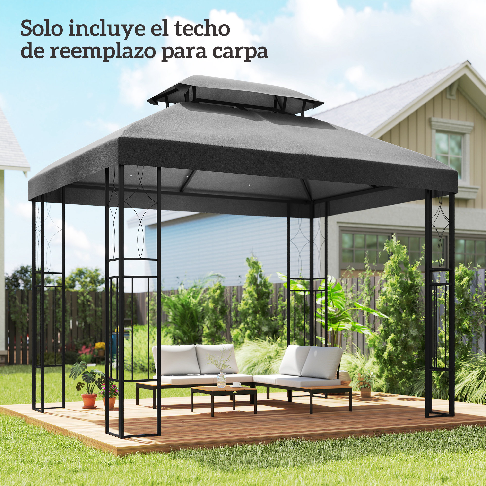 Un toldo oscuro con muebles se asienta en una terraza de madera en un jardín.