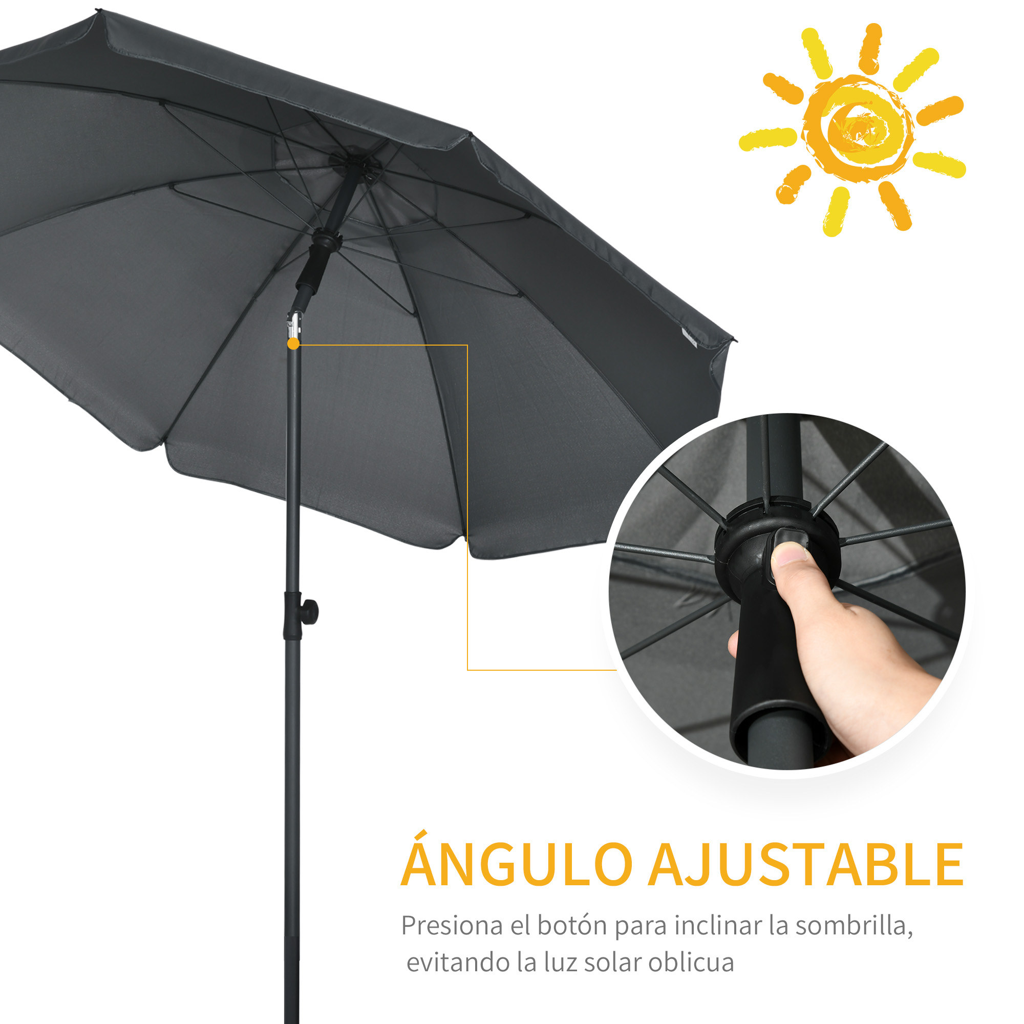 Un paraguas gris con ángulo ajustable. Un pulgar presiona un botón.