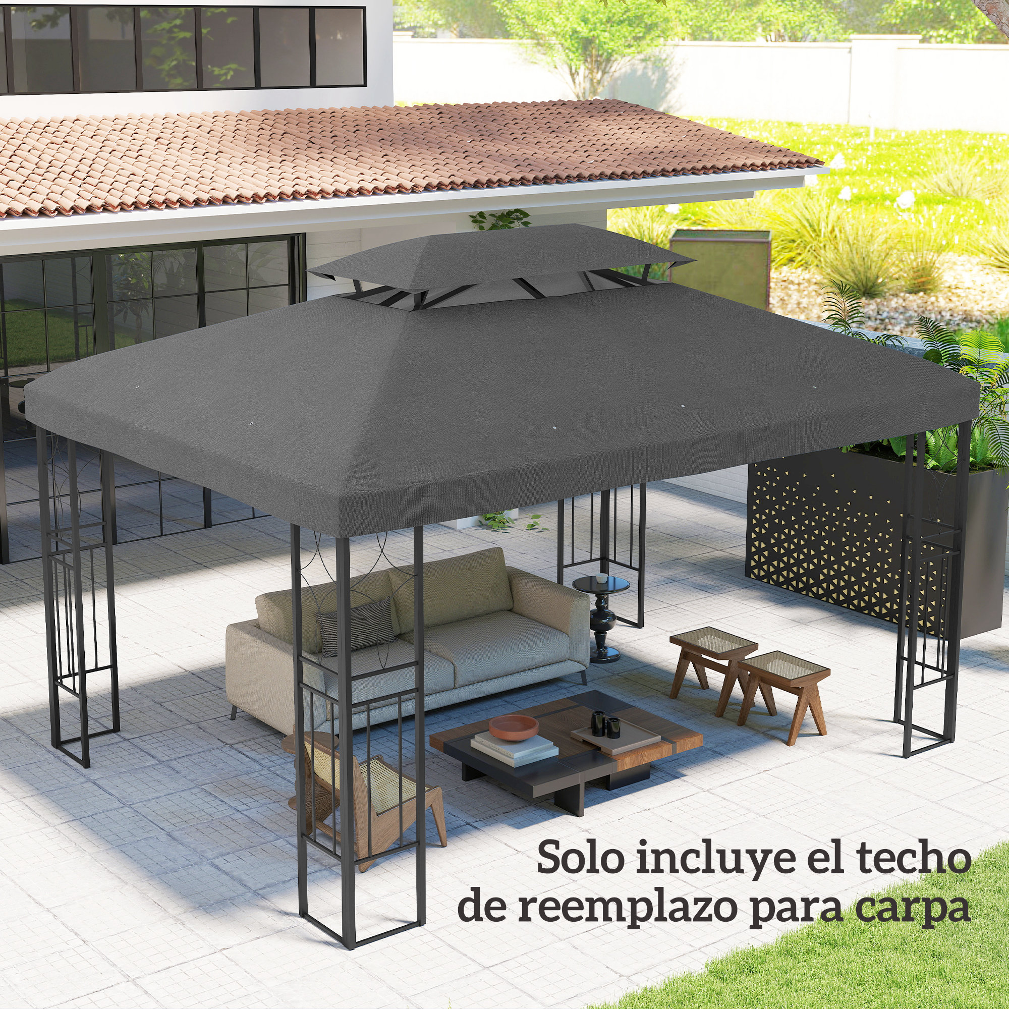 Un toldo de cenador gris con muebles en un patio pavimentado.