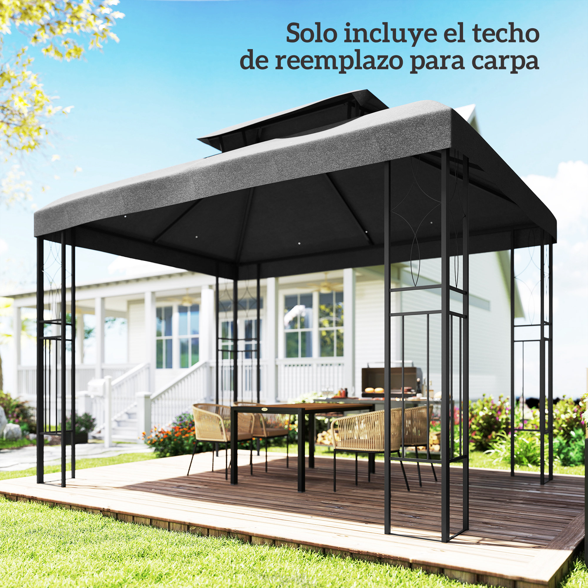 Un cenador negro con mesa y sillas en una terraza de madera frente a una casa.