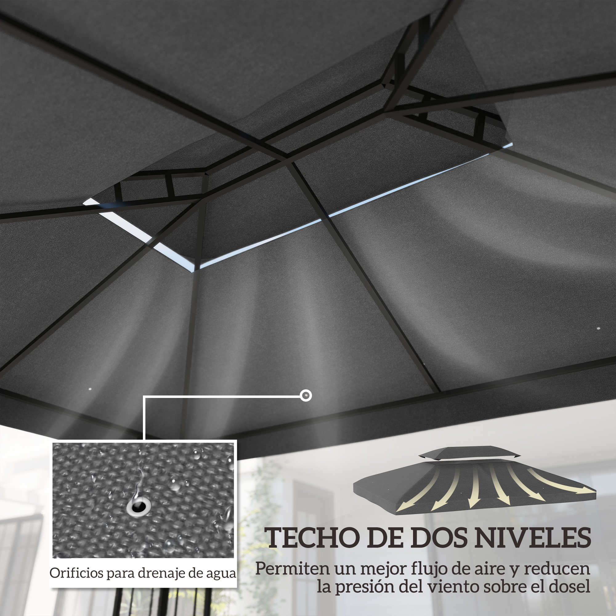 Techo de gazebo gris de dos niveles con orificios de drenaje y flujo de aire.
