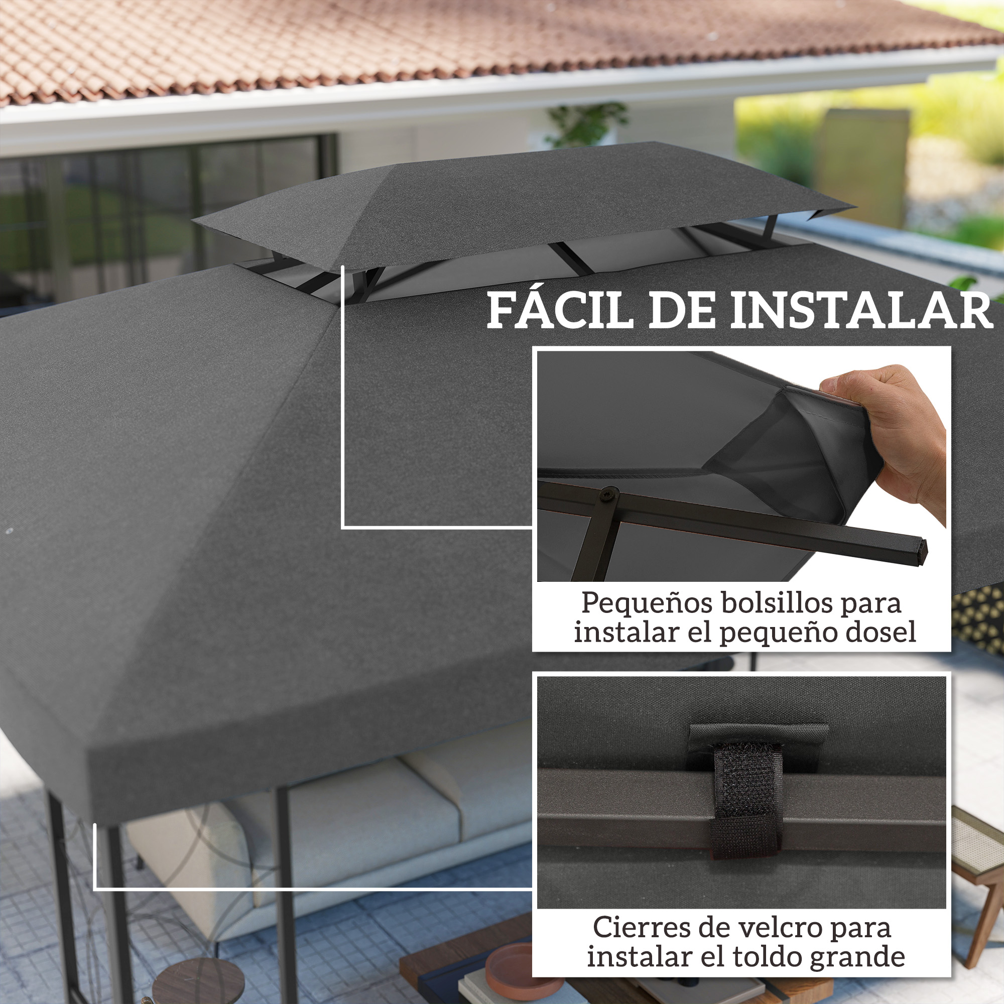 Toldo gris con detalles de instalación y texto: Fácil de instalar.