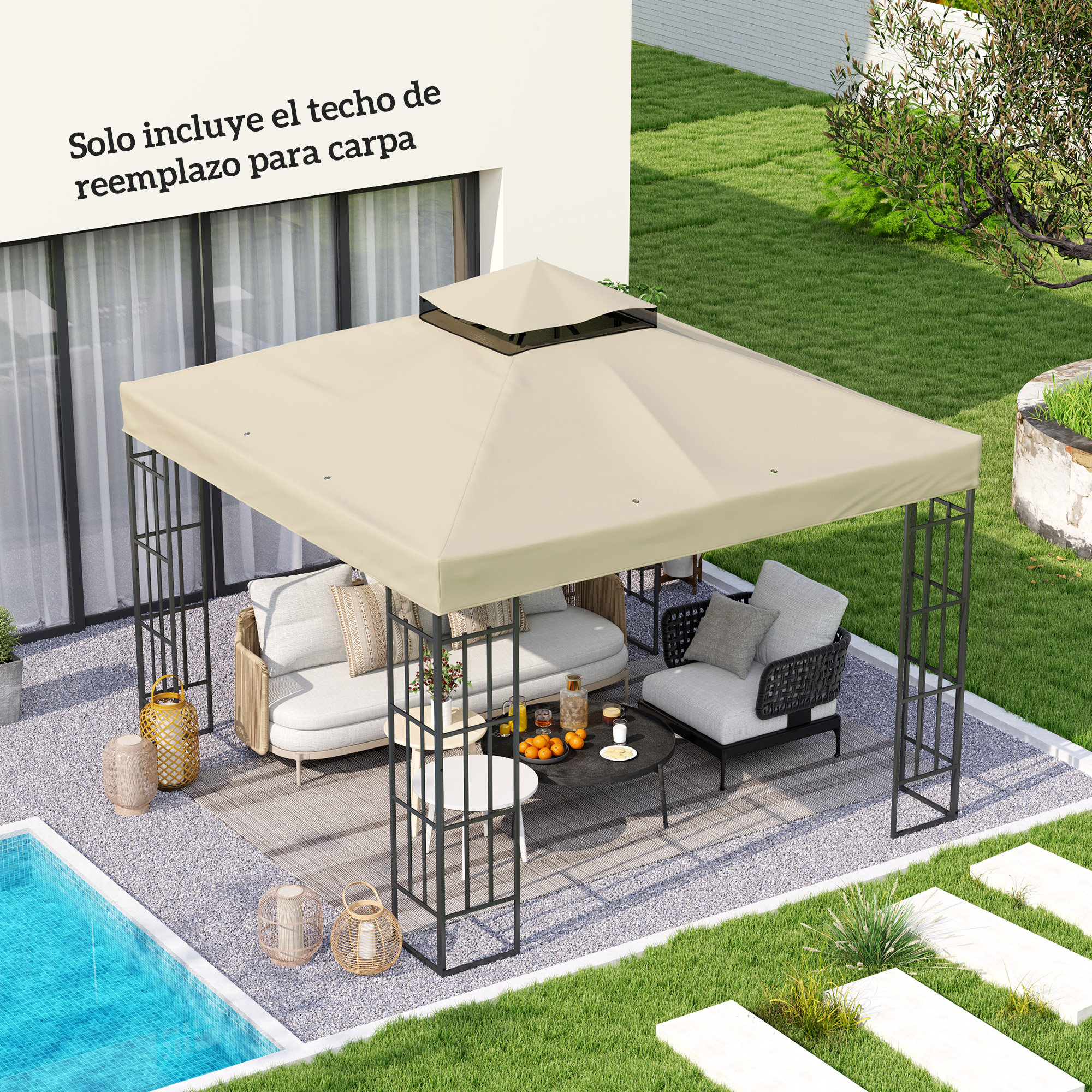 Una cubierta de cenador beige sobre muebles de patio junto a una piscina.