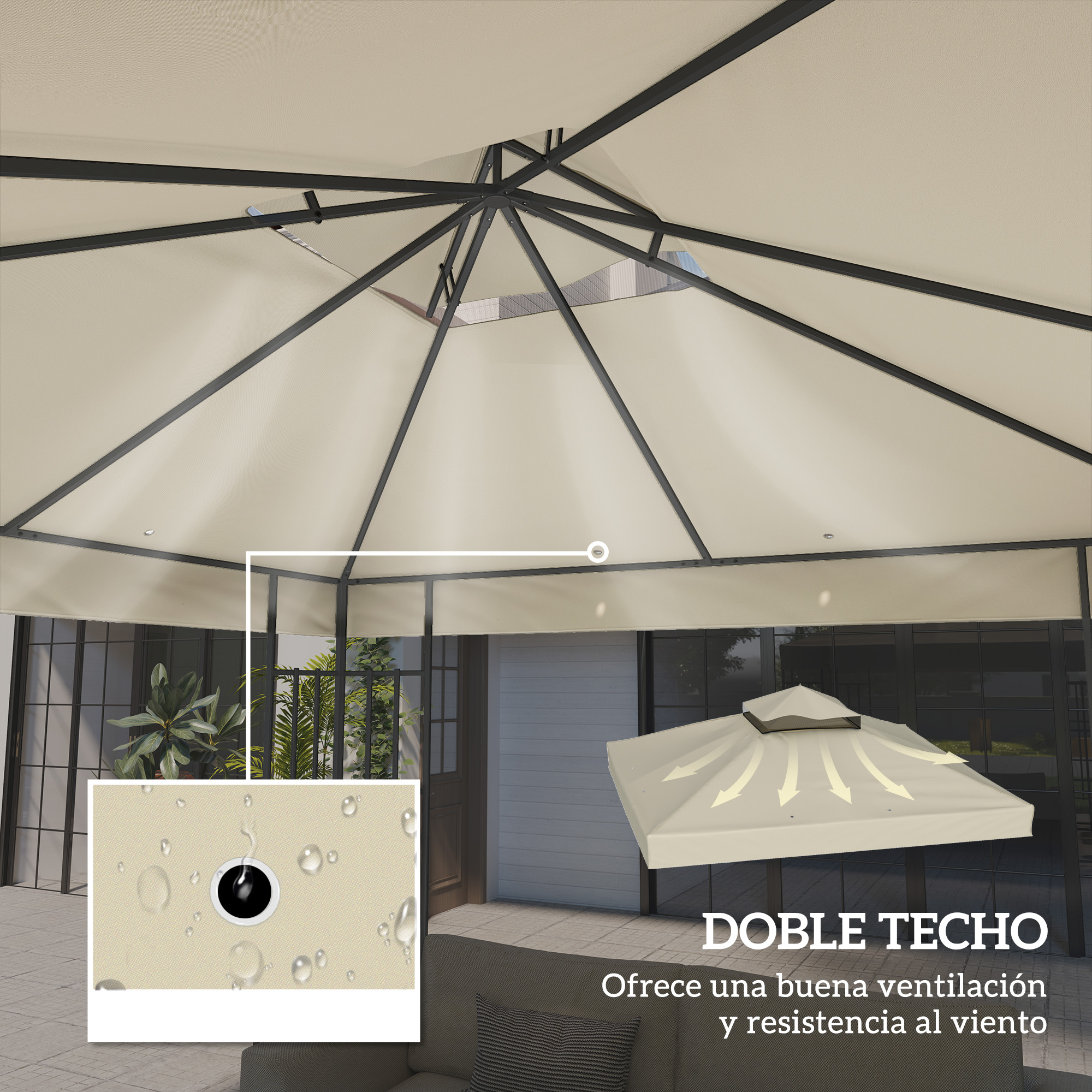 Techo beige con marco negro, detalle de gotas de agua.