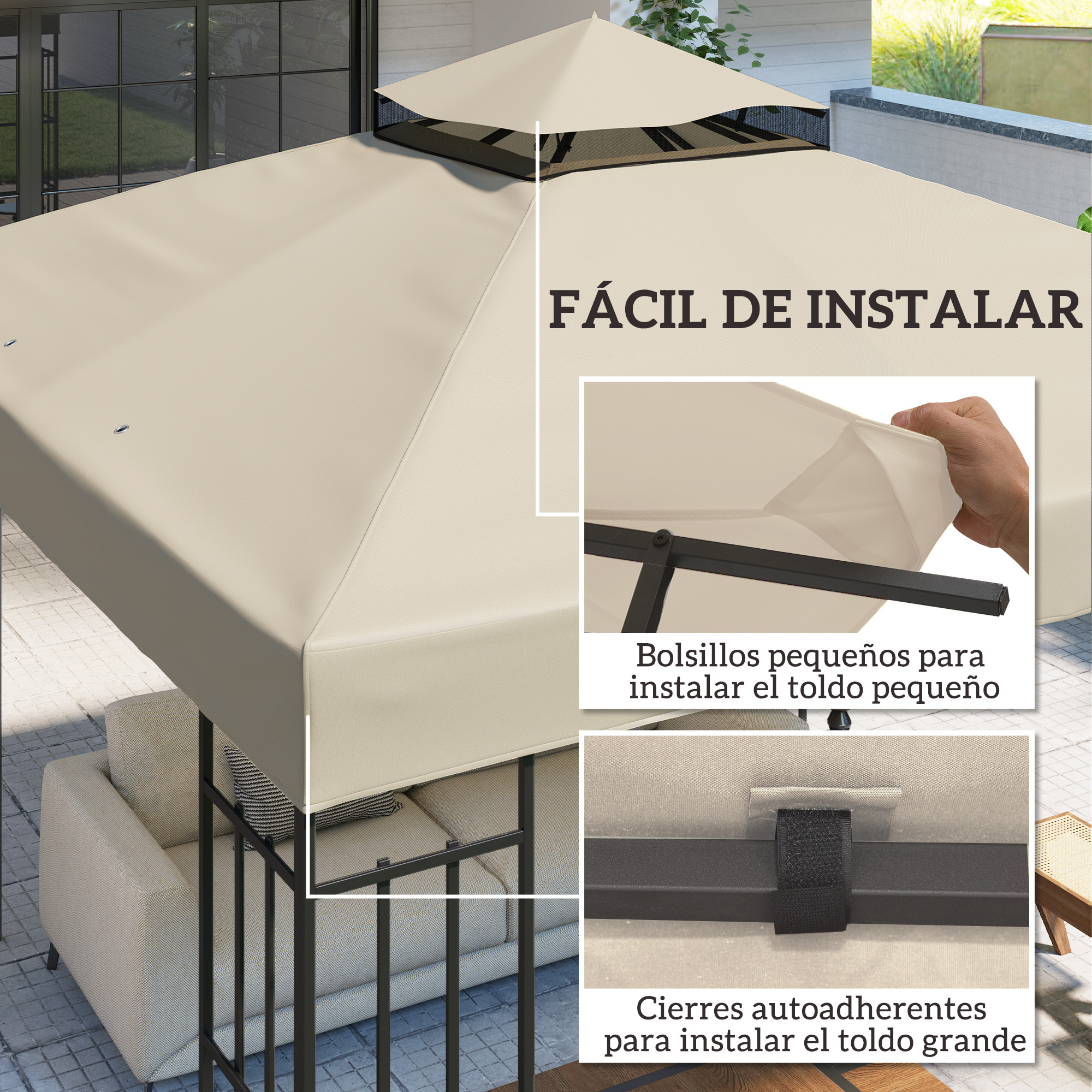 Un cenador beige con detalles para fácil instalación.