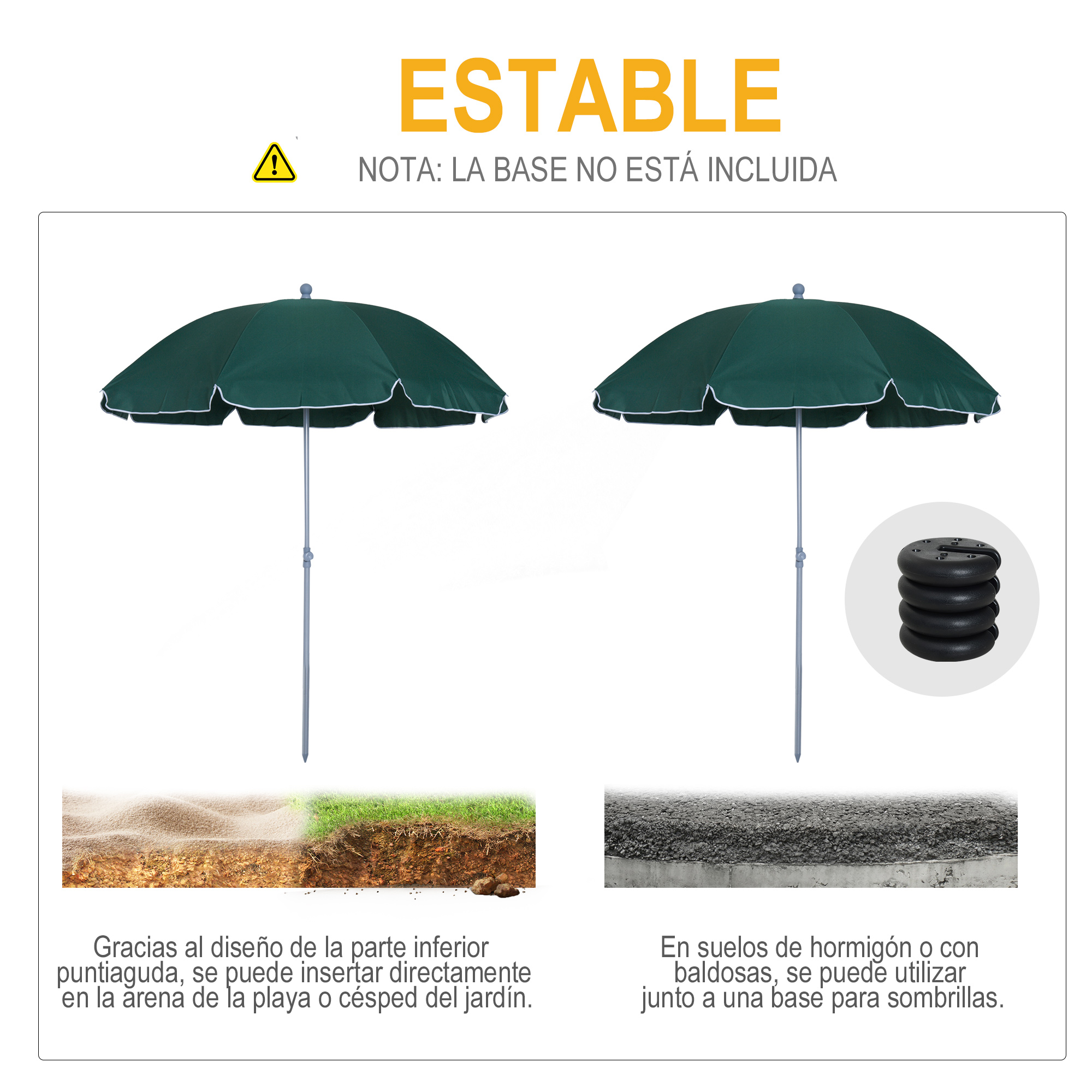 Dos sombrillas verdes con borde blanco, base se vende por separado.