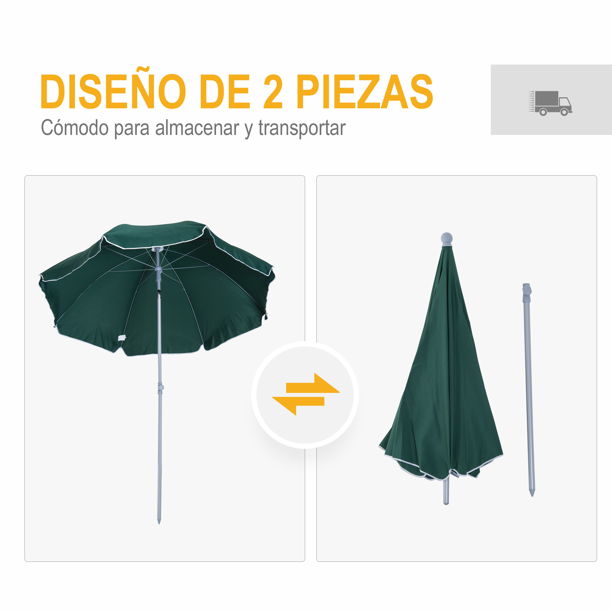Un parasol verde, mostrado abierto y plegado con su poste.