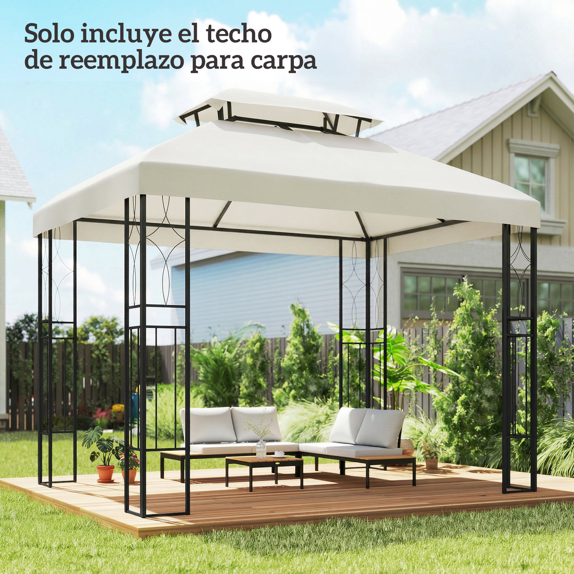 Un toldo de cenador blanco sobre marco negro con muebles en terraza de madera.