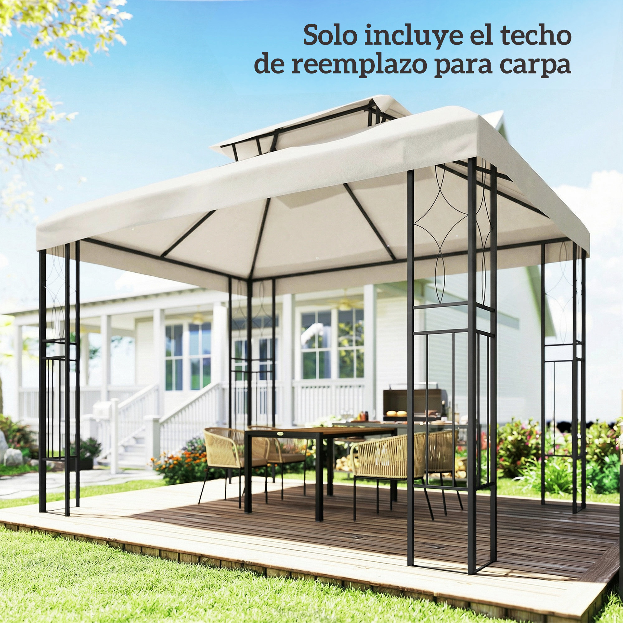 Un dosel estilo cenador con mesa y sillas en una terraza de madera.