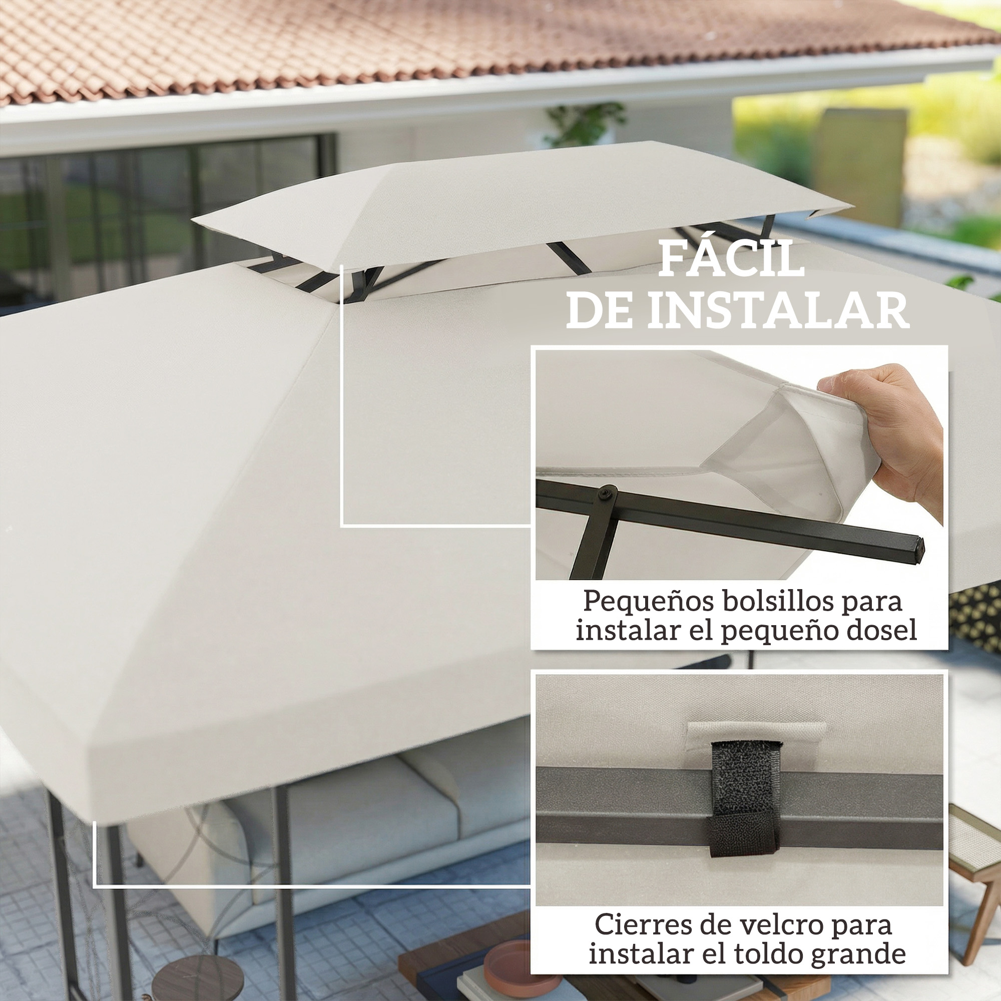 Un toldo blanco con postes negros, mostrado con detalles de instalación.