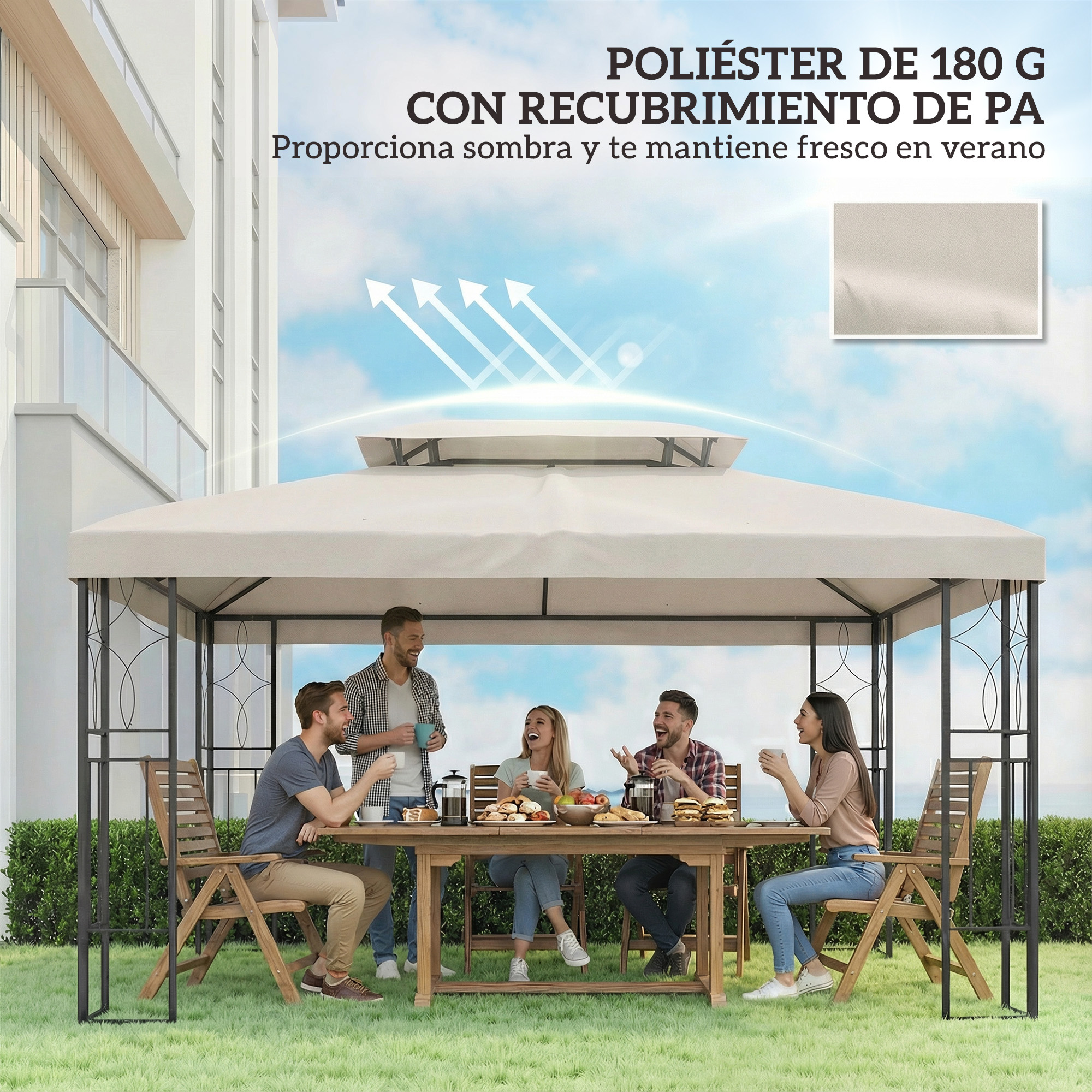 Seis personas sentadas en una mesa de madera bajo un cenador blanco.