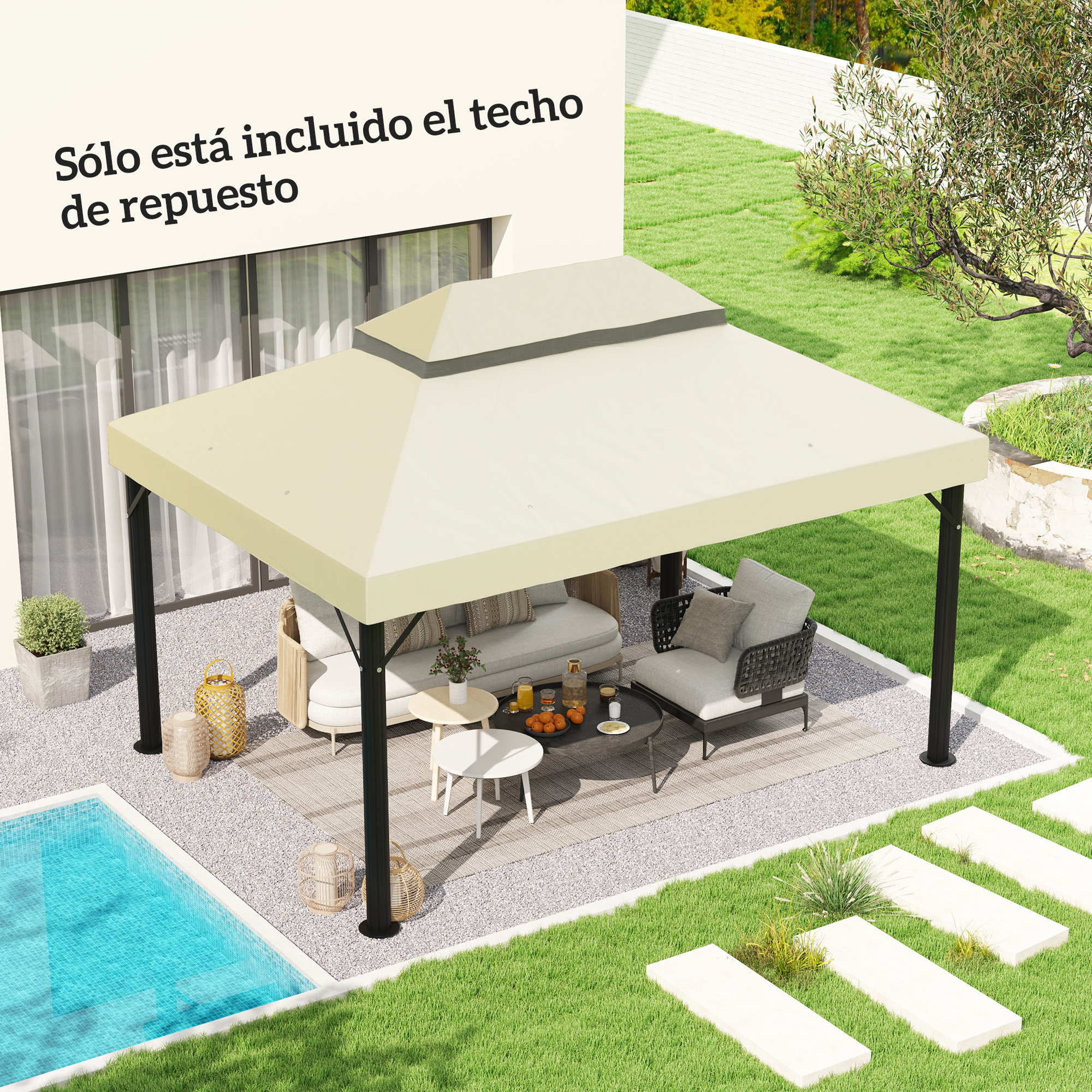 Un cenador de jardín con muebles y piscina.