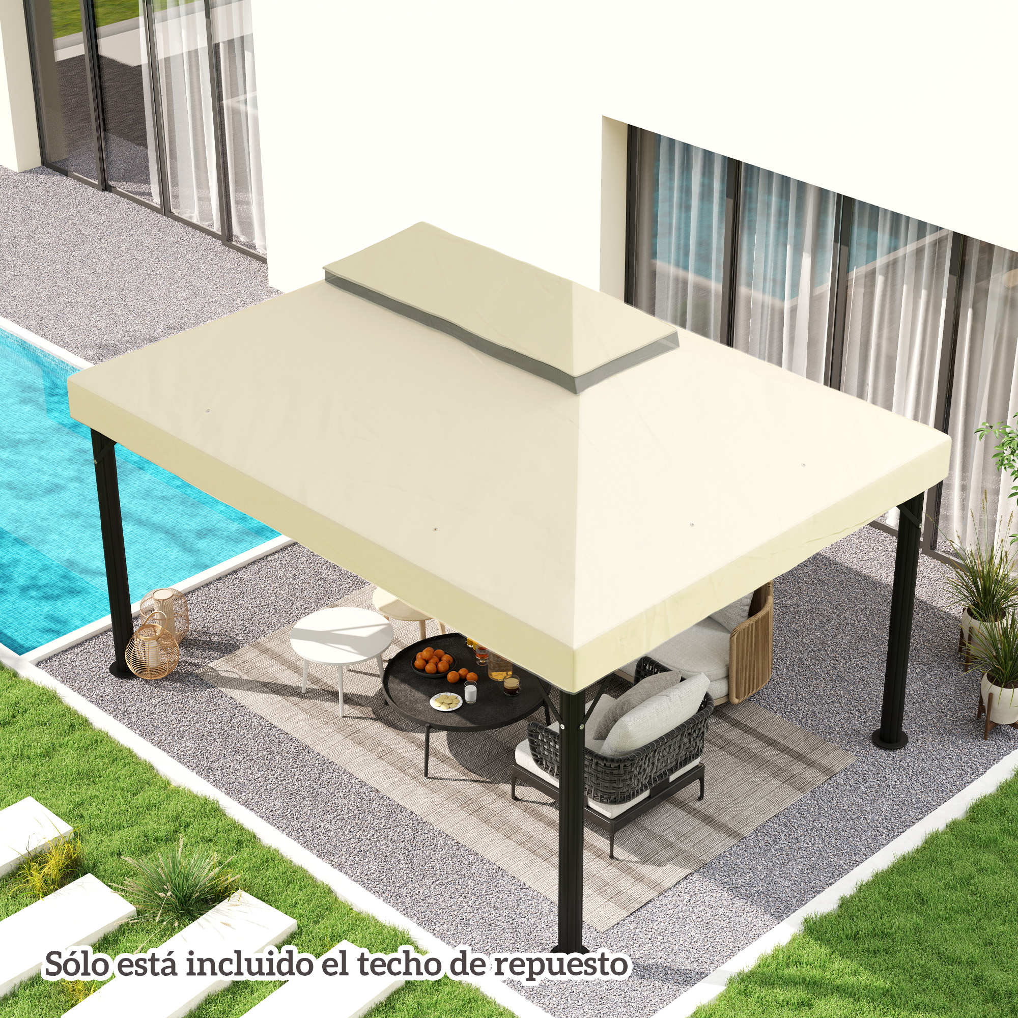 Un cenador beige con postes negros junto a una piscina. Hay asientos debajo.