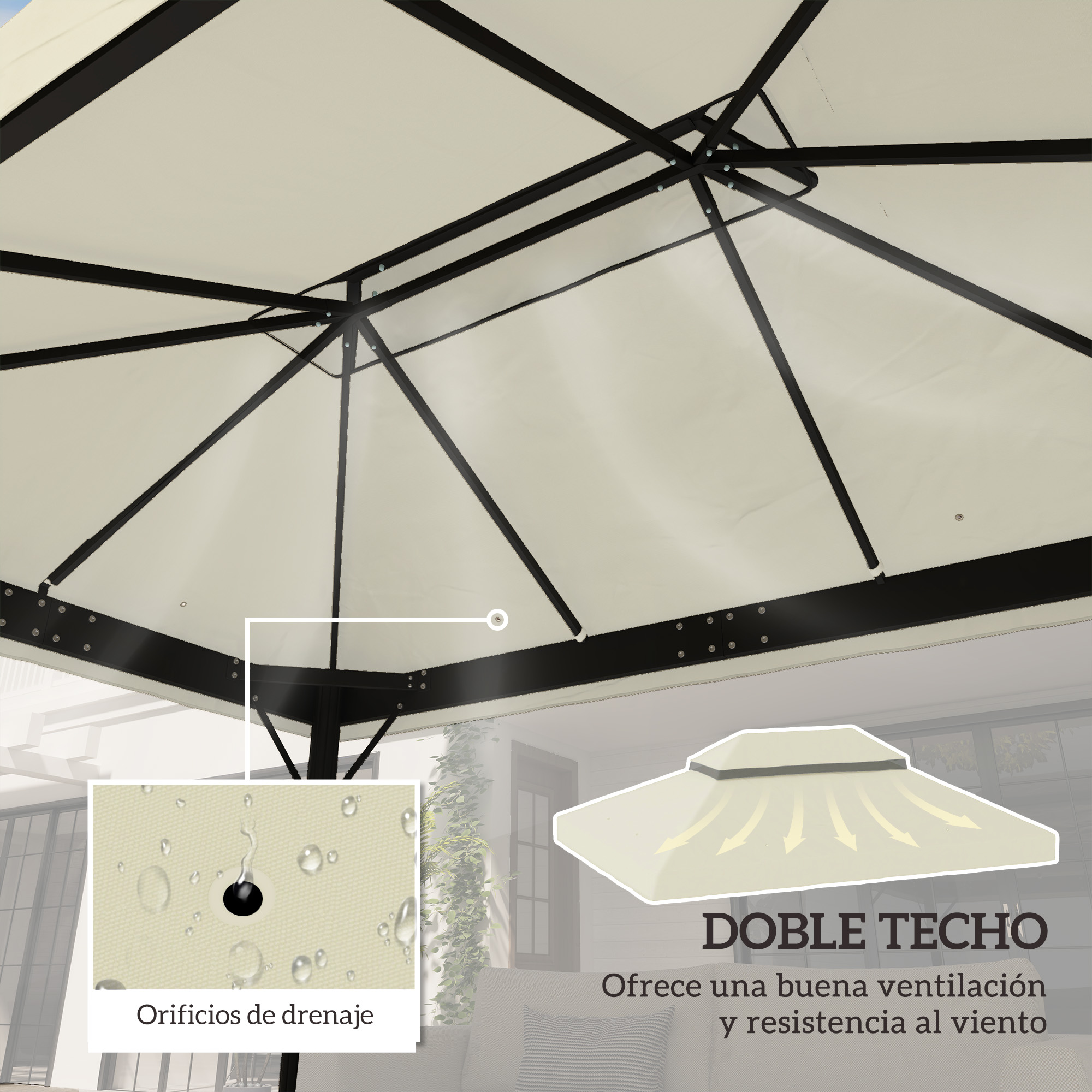 Un cenador beige con marco de metal negro y orificios de drenaje.