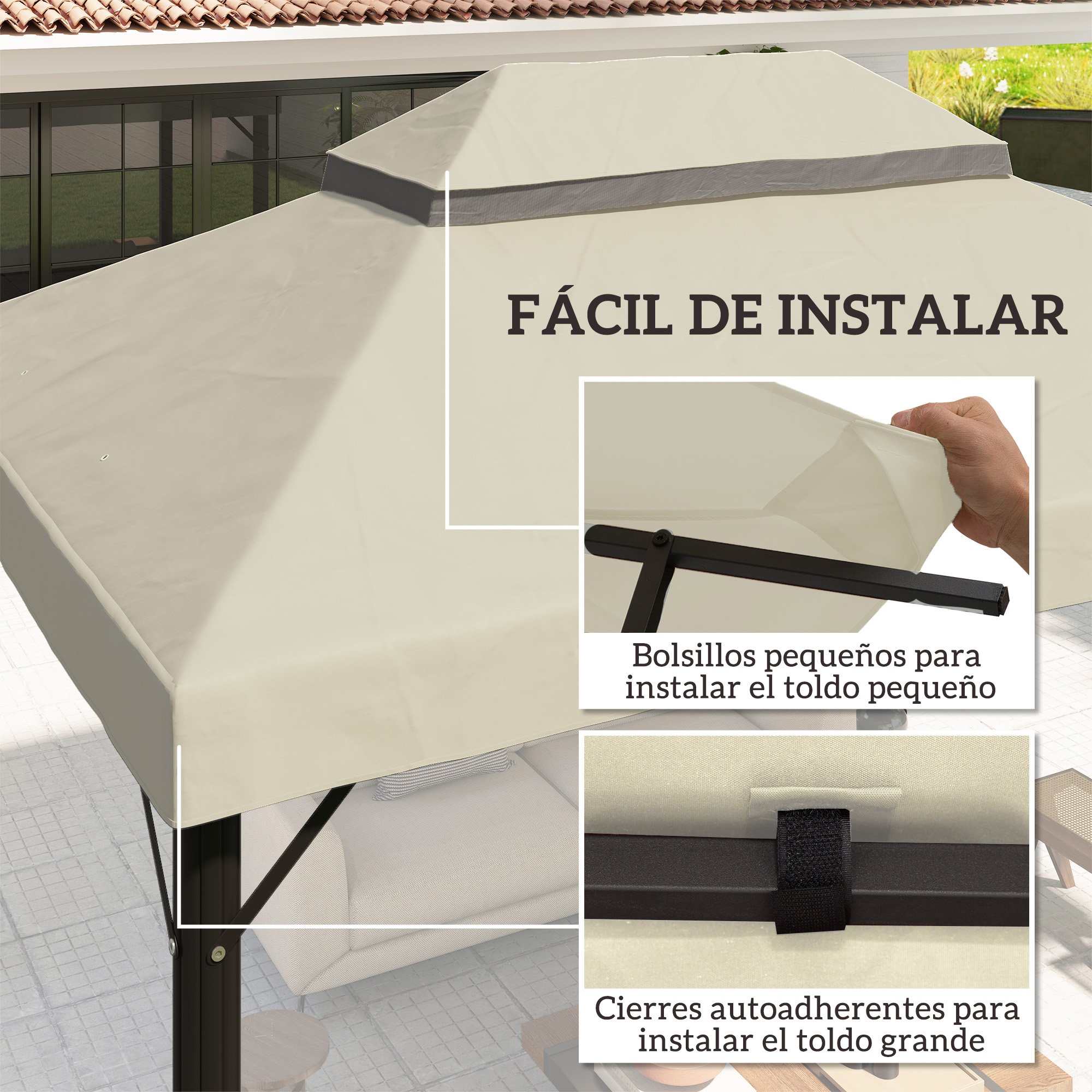 Un toldo beige con instrucciones de instalación detalladas.