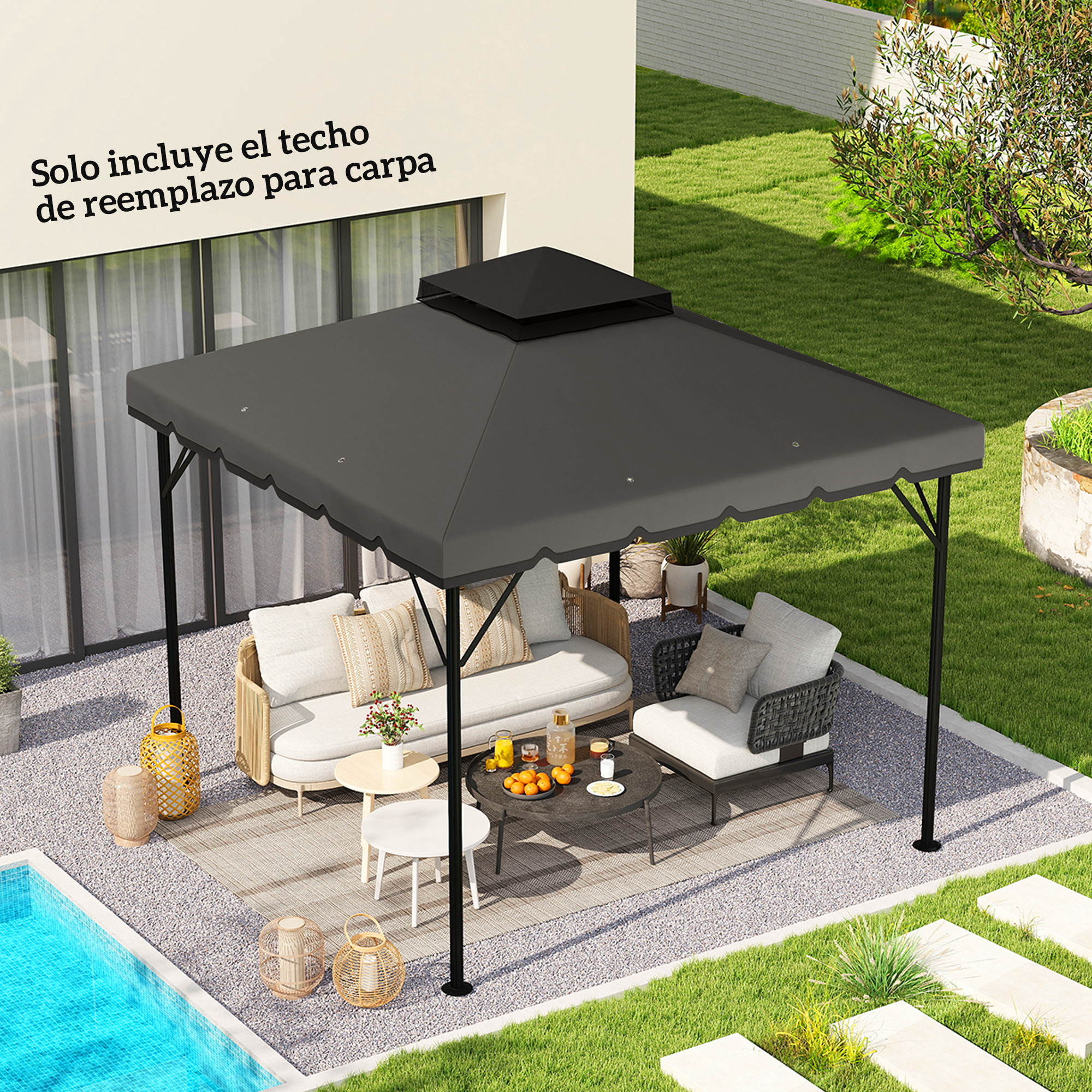Un dosel de gazebo gris oscuro con asientos y mesas en un jardín trasero.