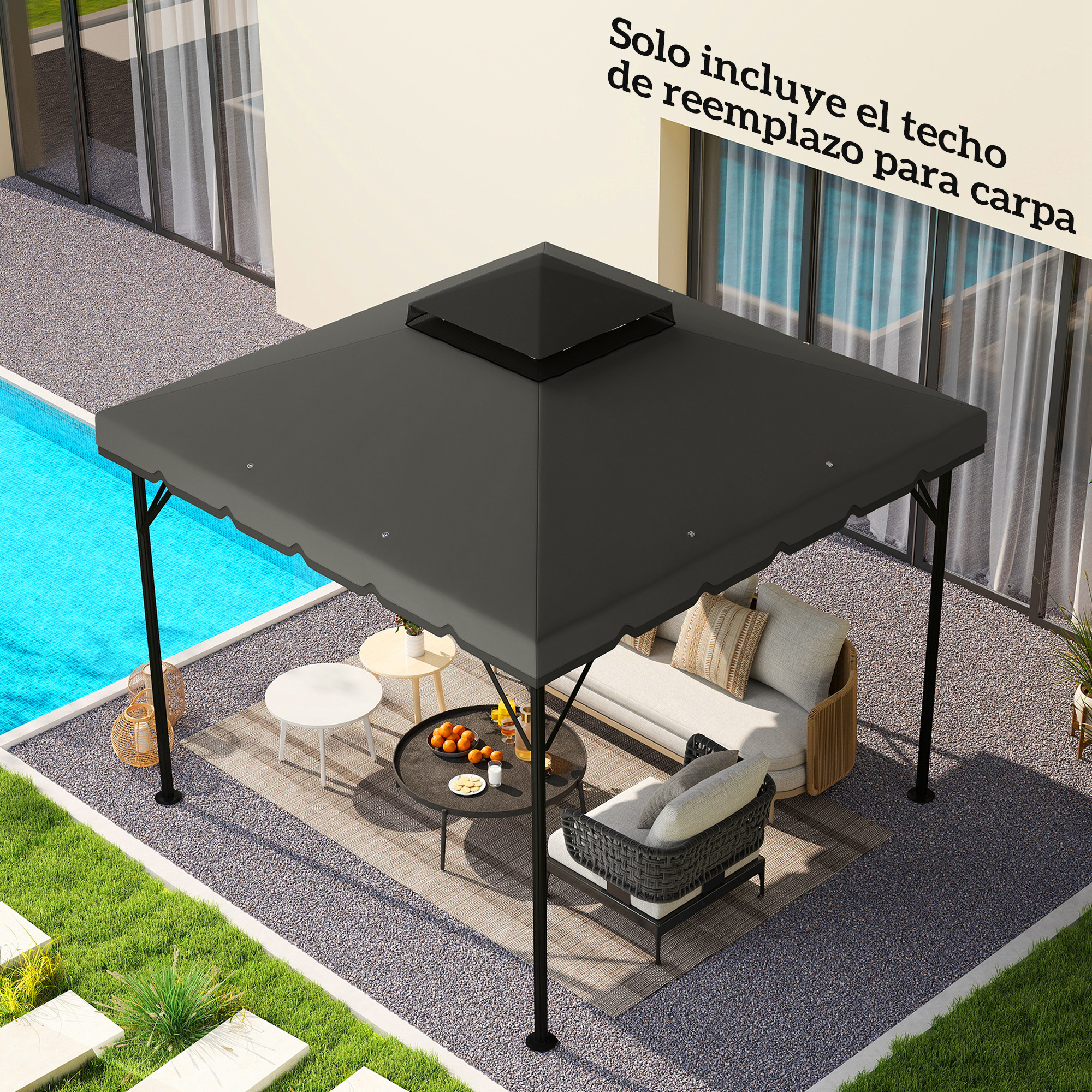 Un cenador gris con muebles y una piscina cerca.
