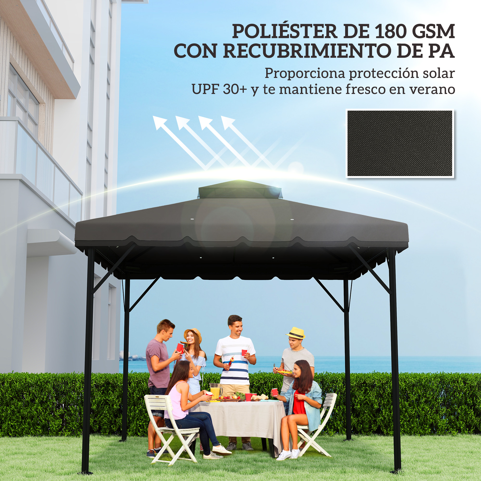Seis personas disfrutan un picnic bajo un cenador negro, con el mar de fondo.