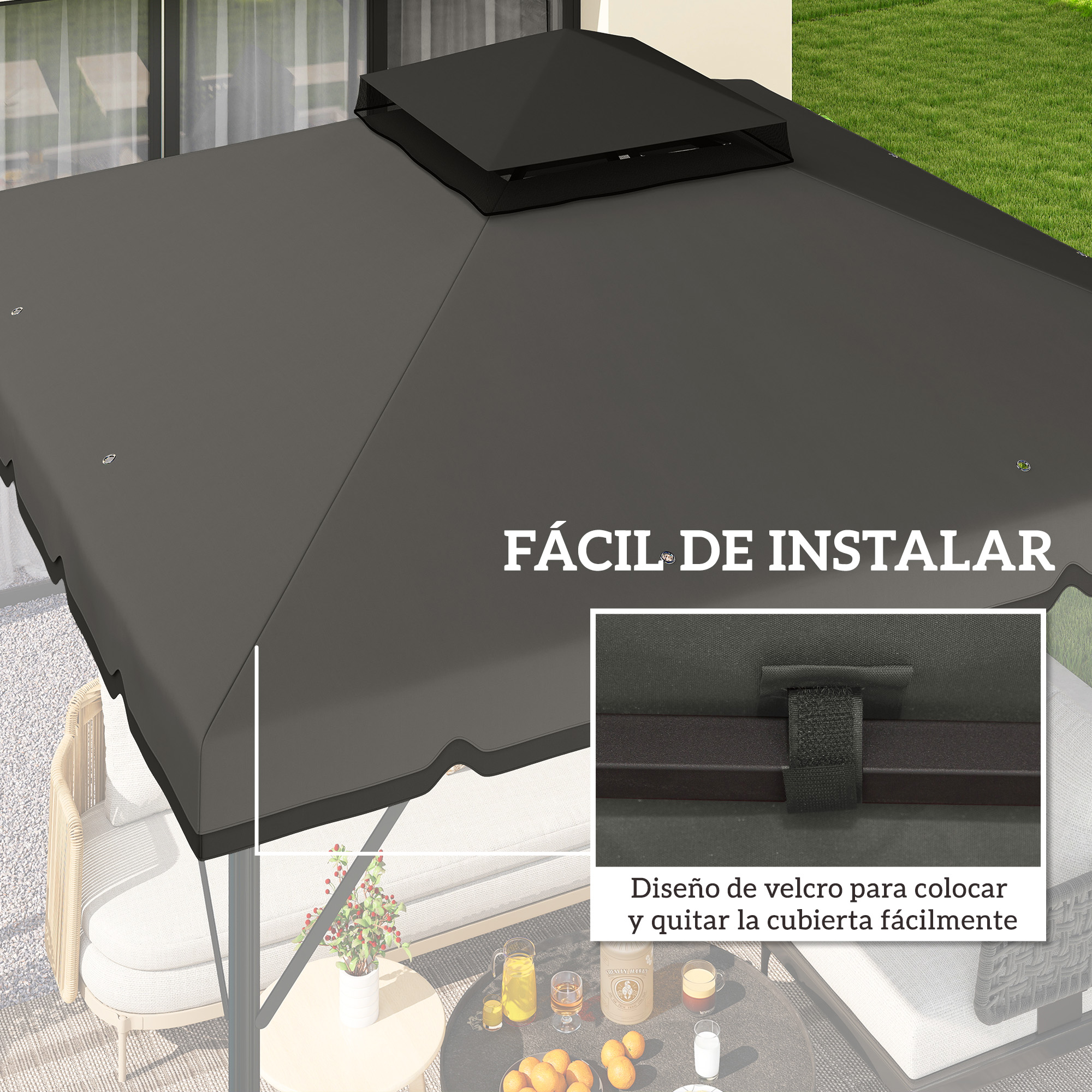 Un toldo gris sobre muebles de jardín con primer plano de velcro.