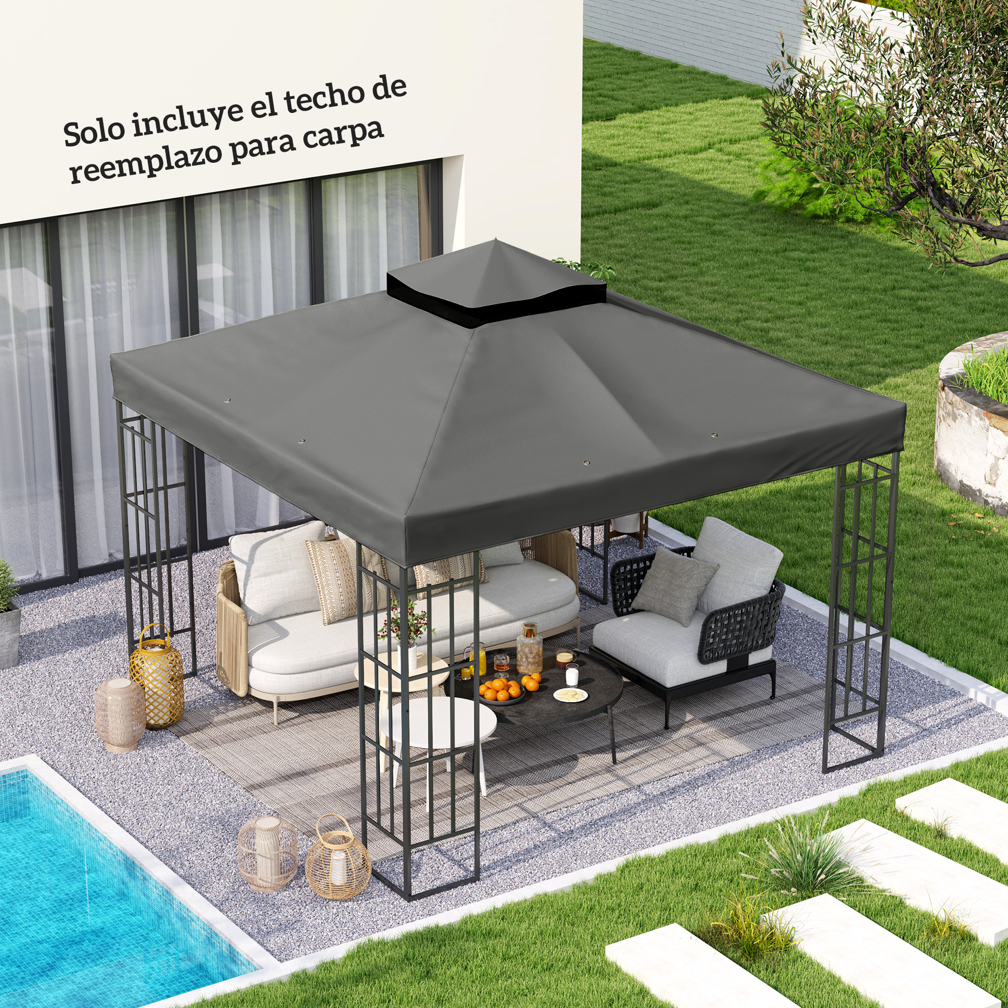 Toldo gris de gazebo sobre muebles junto a una piscina. Al aire libre en un jardín.