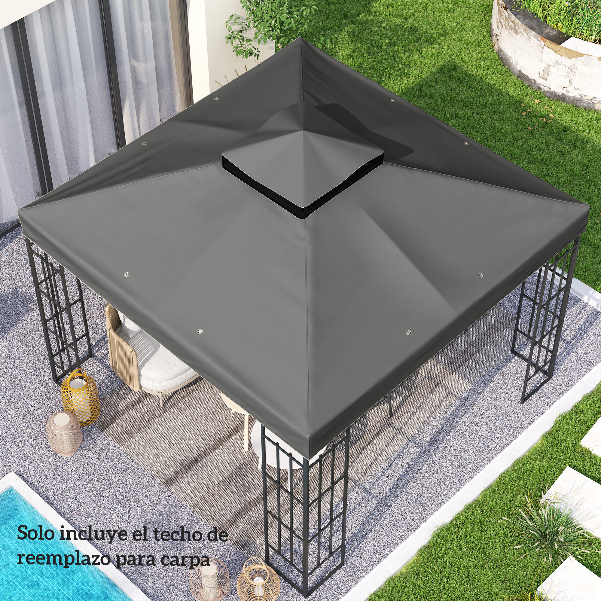 Un techo de cenador gris sobre un patio de grava junto a una piscina y césped.