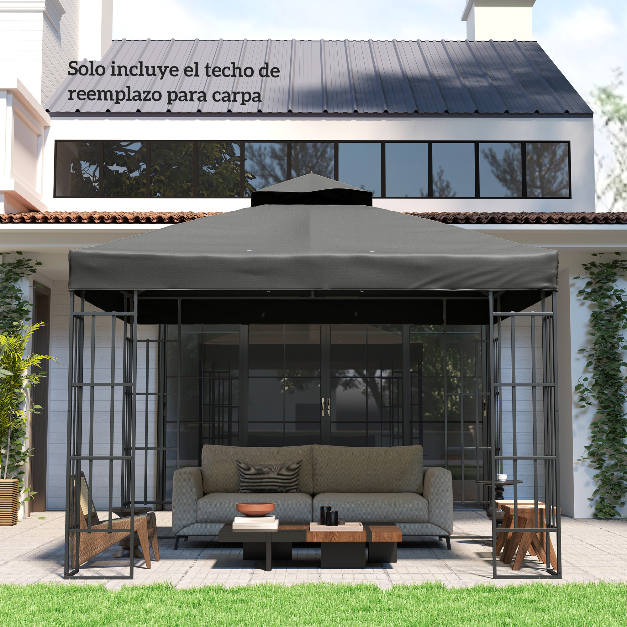 Techo gris de gazebo sobre un sofá y mesa de centro en un patio.