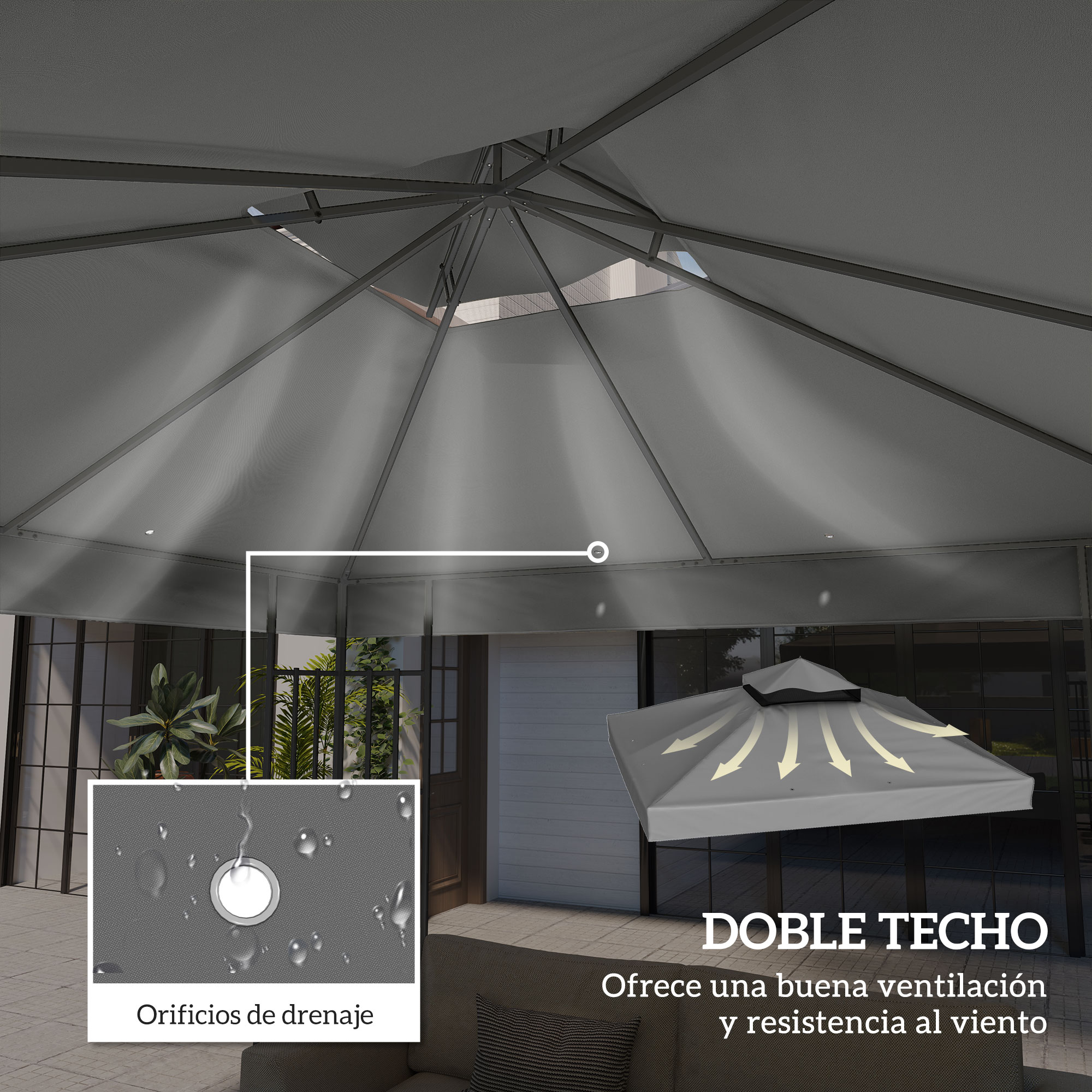 Sombrilla gris para patio con doble techo y orificios de drenaje.