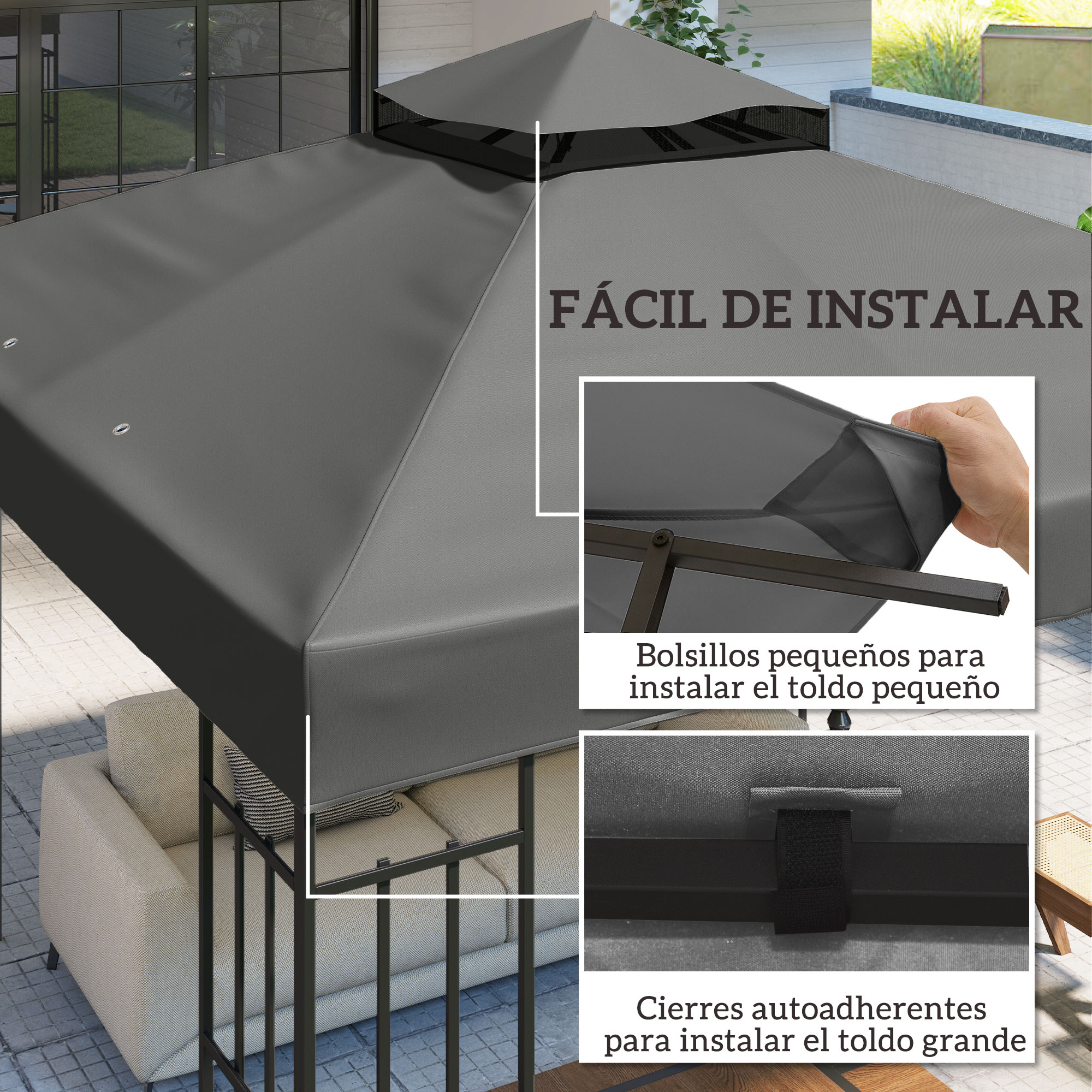 Toldo gris con detalles de instalación para cubiertas pequeñas y grandes.
