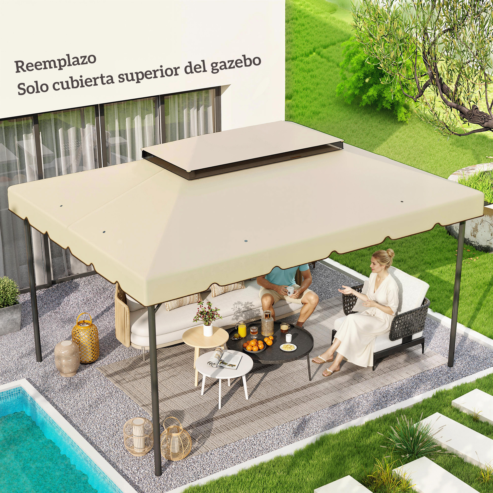 Una pareja se relaja bajo un cenador beige con bebidas y aperitivos.