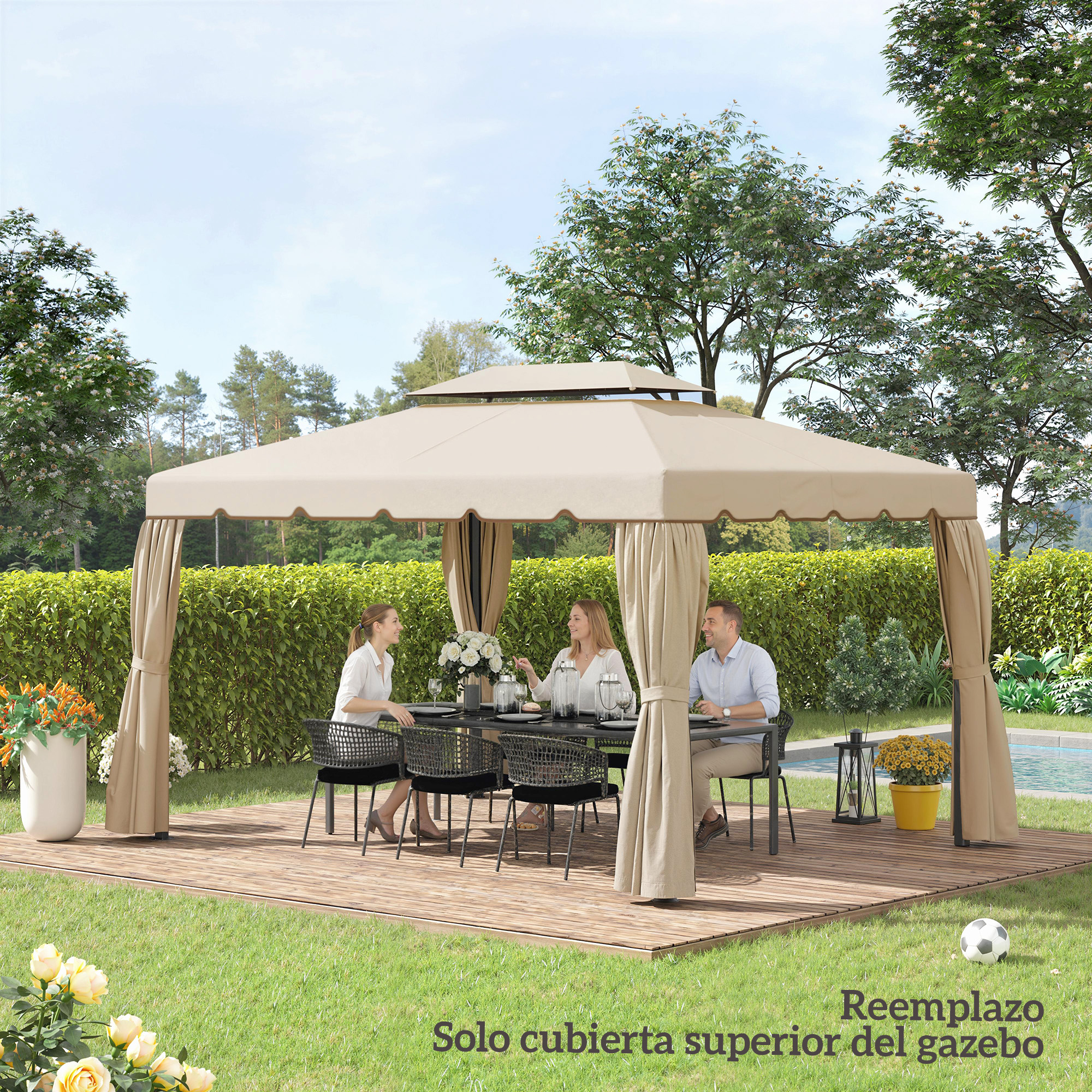 Tres personas sentadas a una mesa bajo un cenador beige en un jardín.