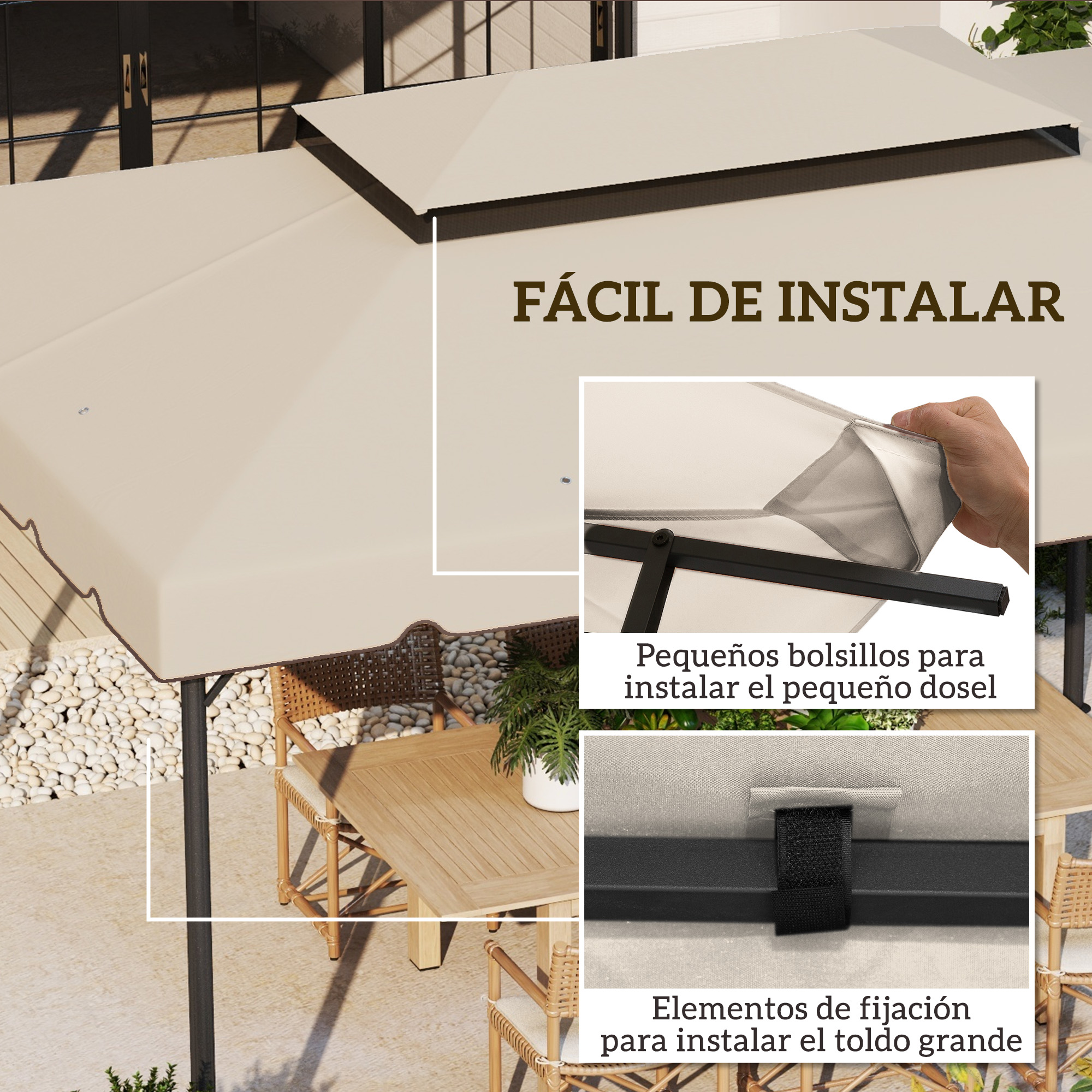 Un toldo exterior con mesa y sillas.