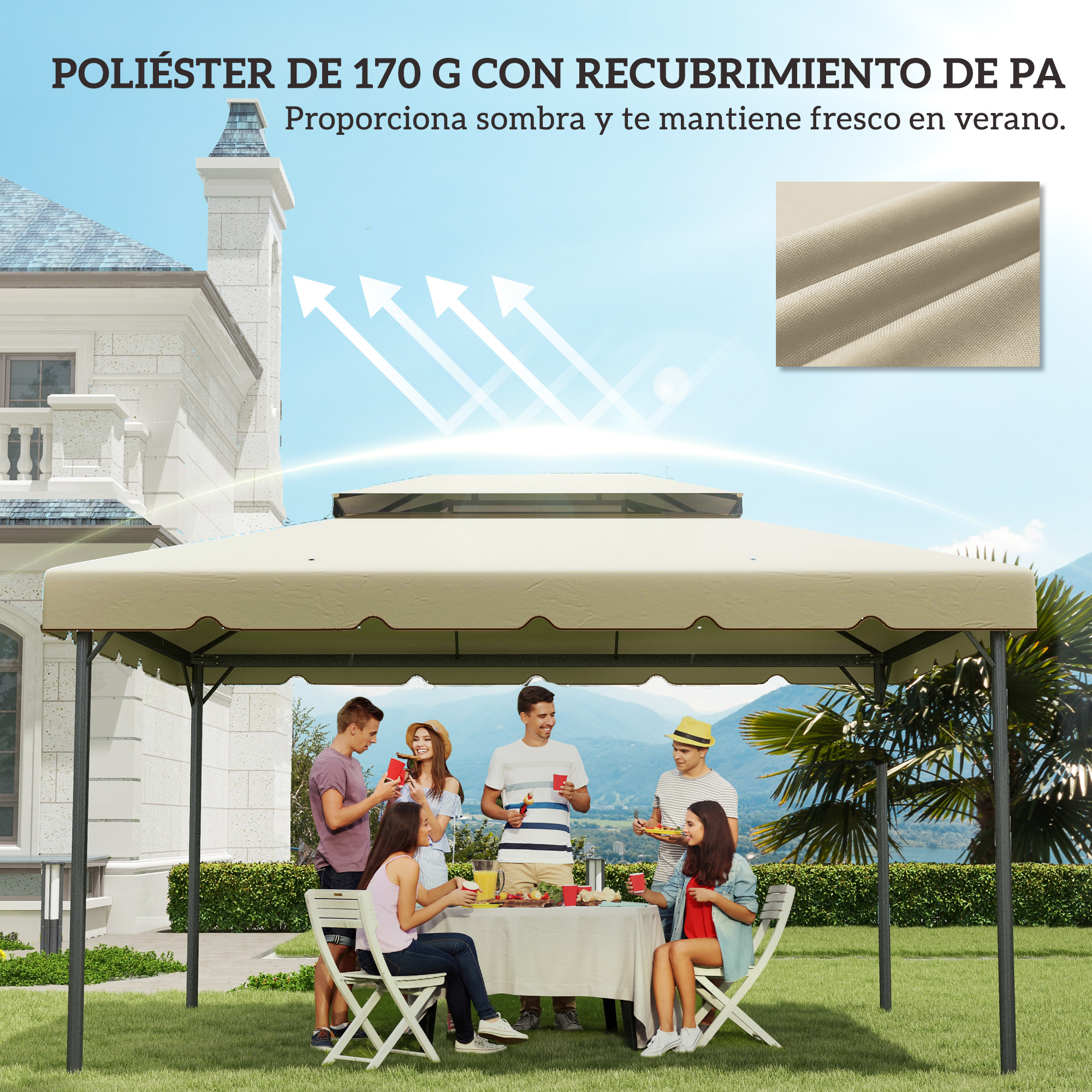 Gente disfruta de un picnic bajo un cenador beige en un jardín con montañas al fondo.
