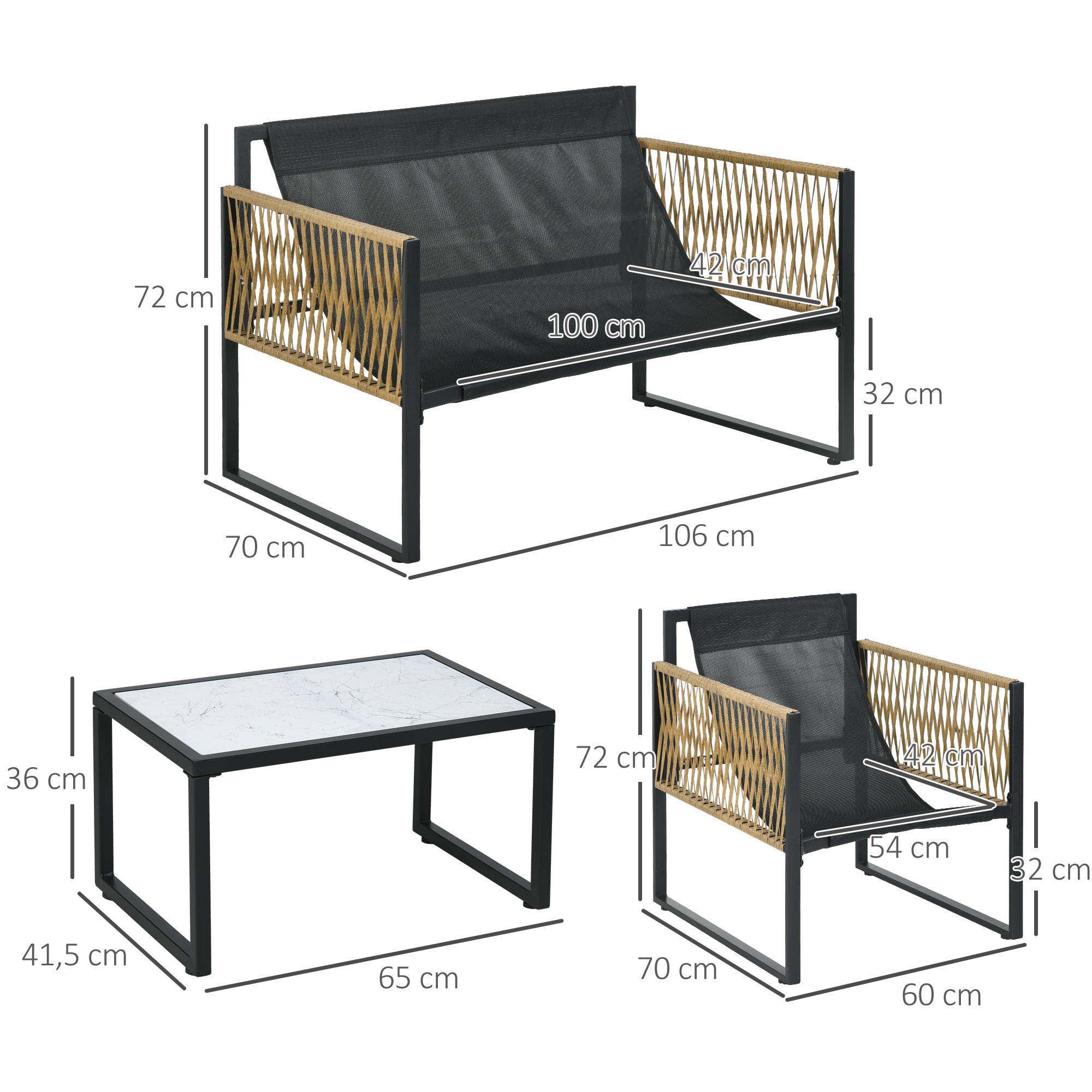 Conjunto de muebles de exterior con dimensiones: sofá, mesa, sillón. Negro y beige.