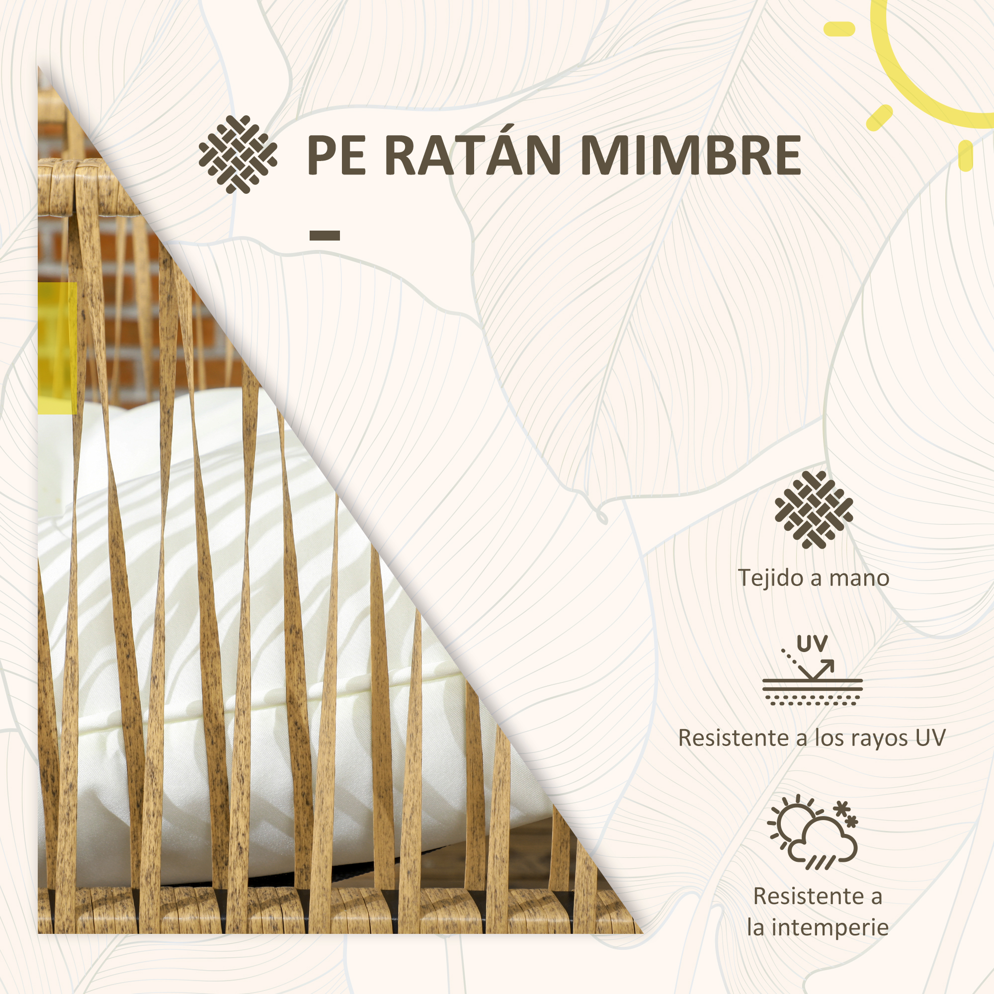 PE Rattan Mimbre: Tejido a mano, resistente a UV y clima.